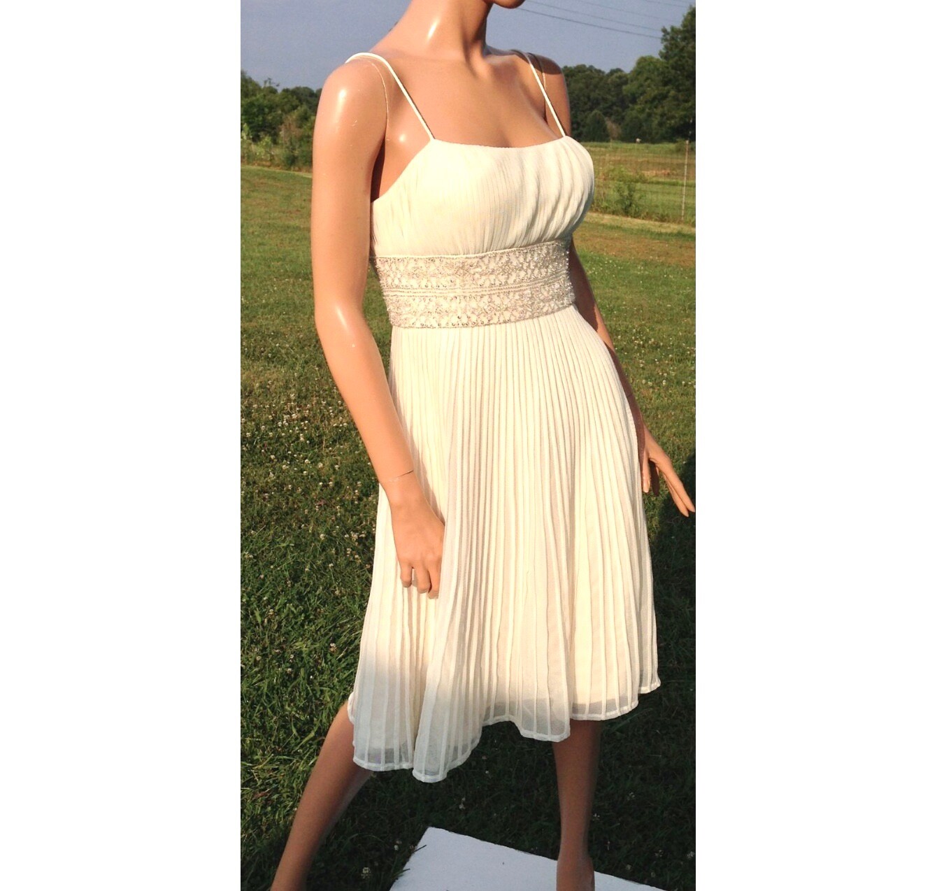 Women’s Ivory Beaded Empire Waist Perma-Pleat Fit & Flare Spag Strap Party Dress