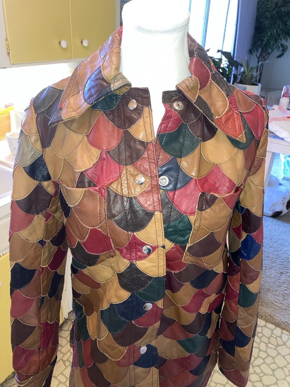 Vintage 70’s Multicolor Patchwork Leather Jacket Brown Red Green Blue Tan