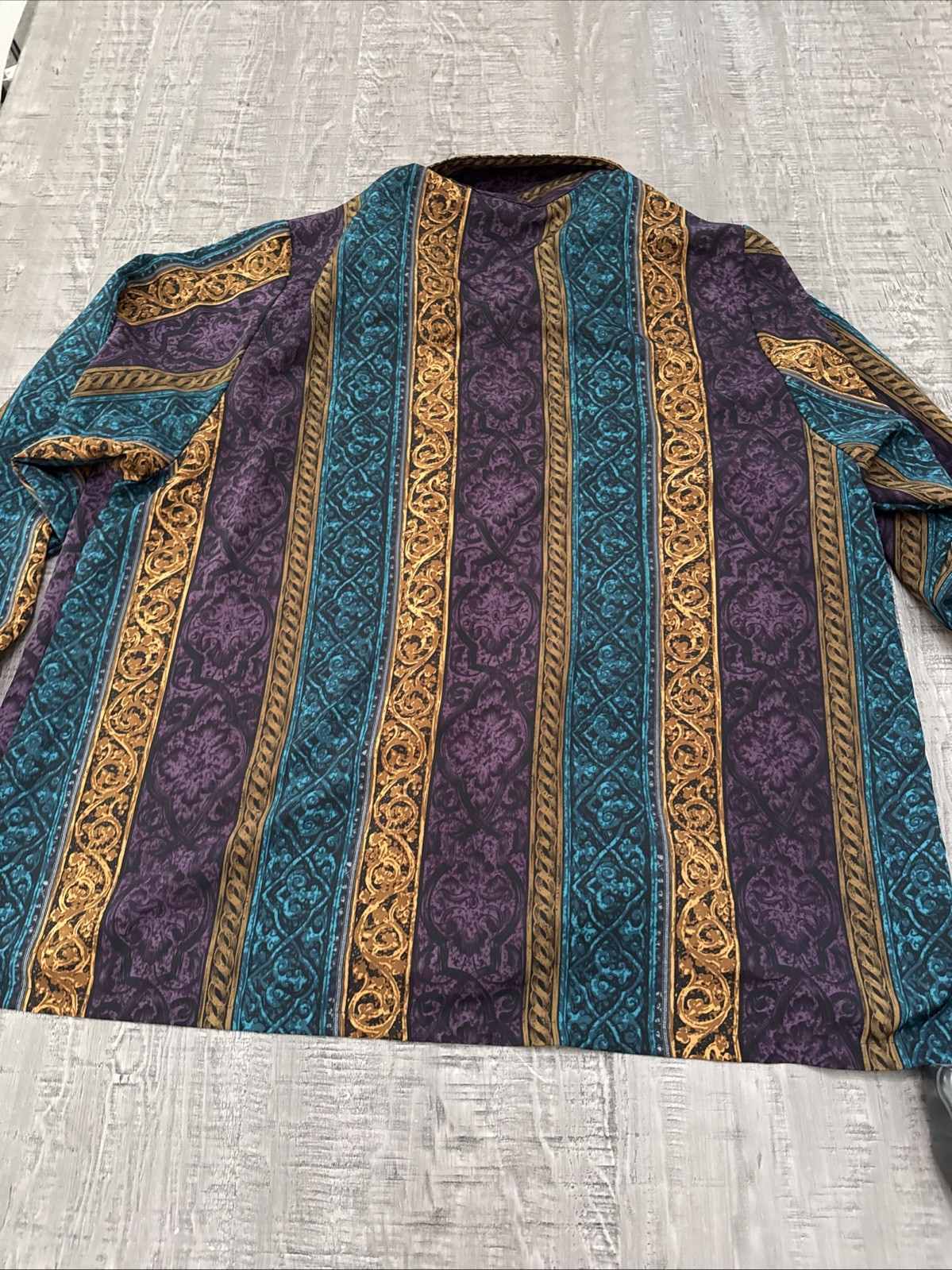 Vintage Bon Worth Blouse Teal Purple Gold button down, long sleeve medium petite