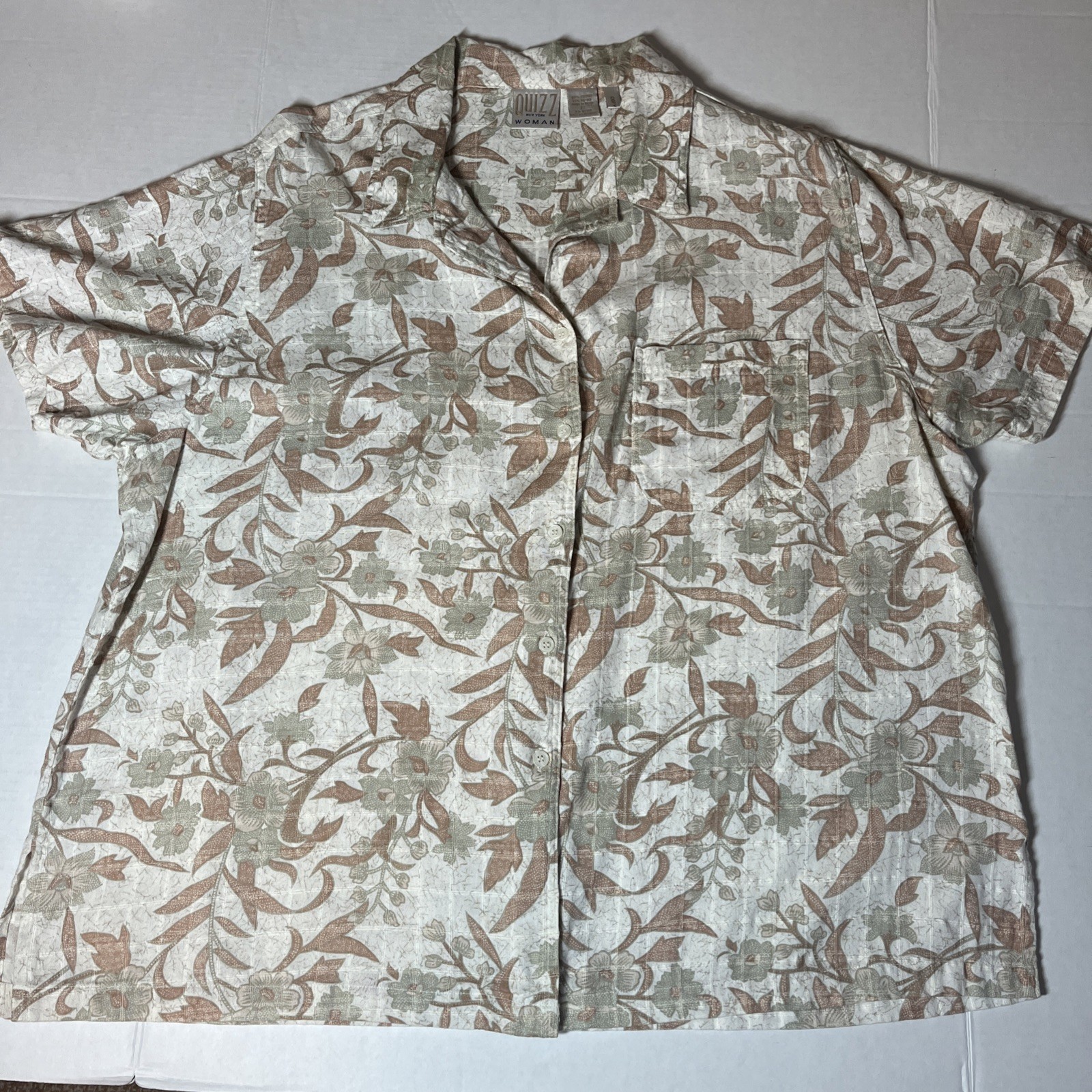 1990s Quizz New York Blouse Womens 22 Tan Green Floral Cotton Blend Button Up