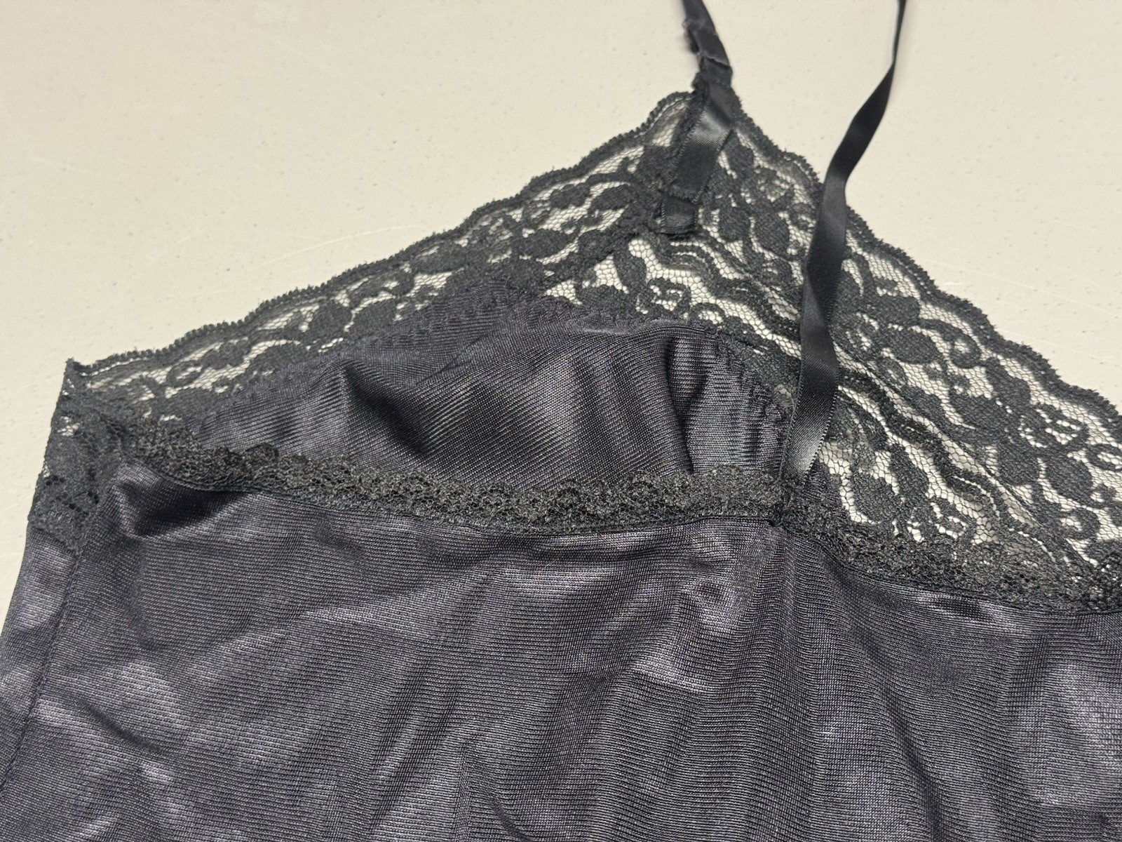 Vtg Sliperfection Sissy Full Slip Black Sz 44 Nylon Tricot Antron Silky Lace USA