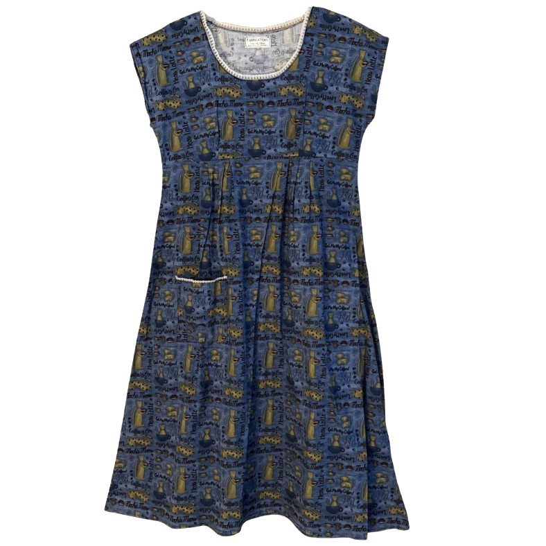 VTG Handmade Cats Coffee Print House Farm Dress Womens L CHARMING Fabric Retro