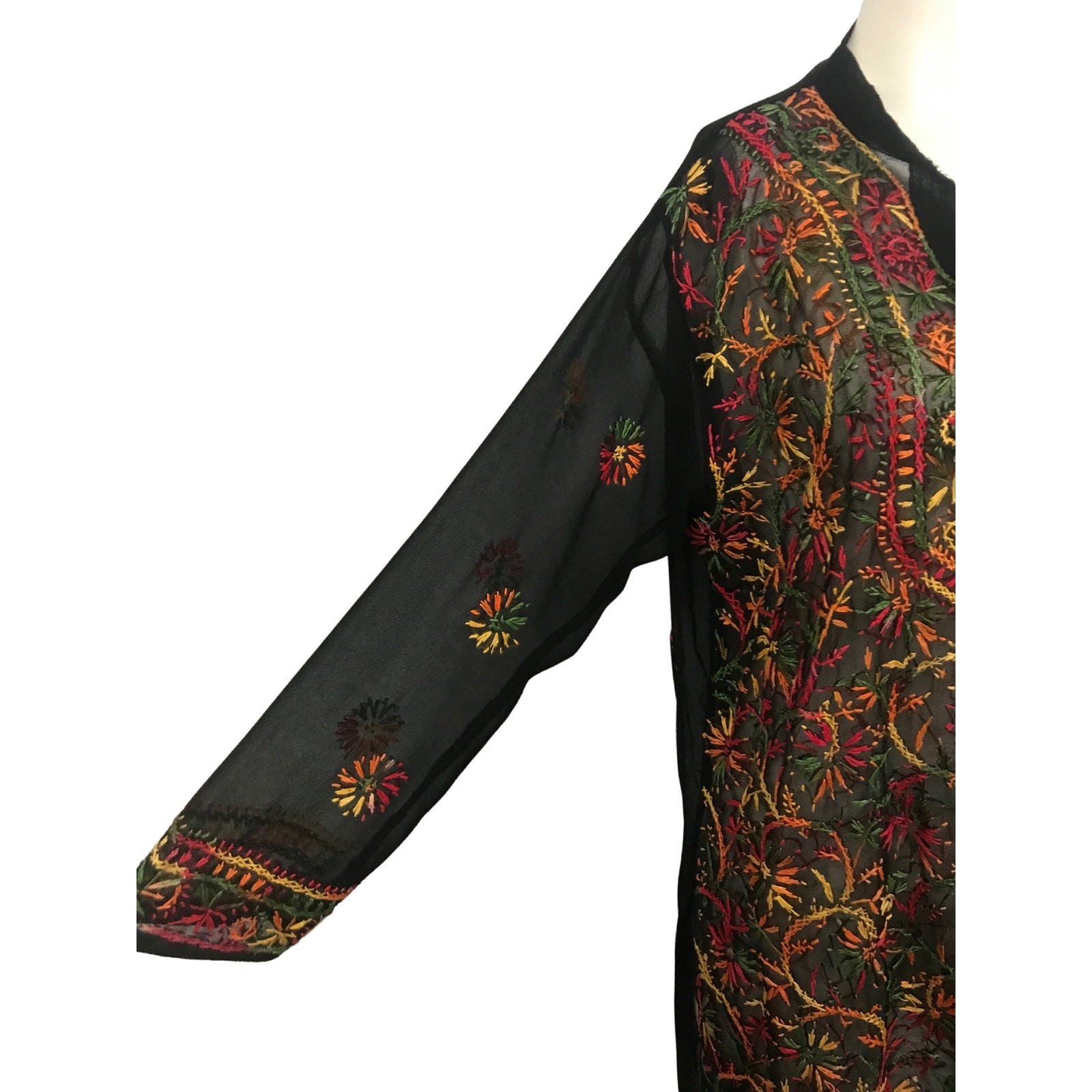 Sheer Black Embroidered Tunic Dress Indian Boho Festival Hippie Gauze M ^