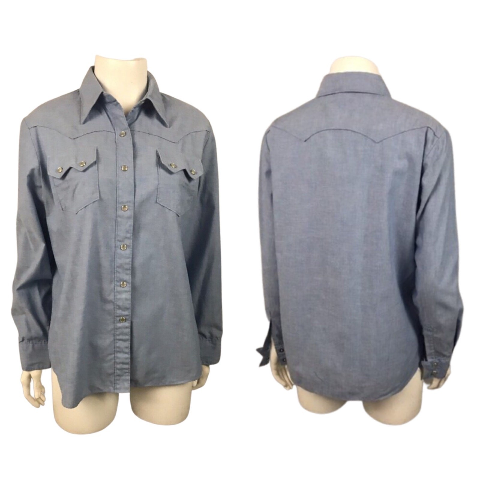 Vintage 70s Chambray Western Shirt Pearl Snap Buttons Denim Shirt Medium ^