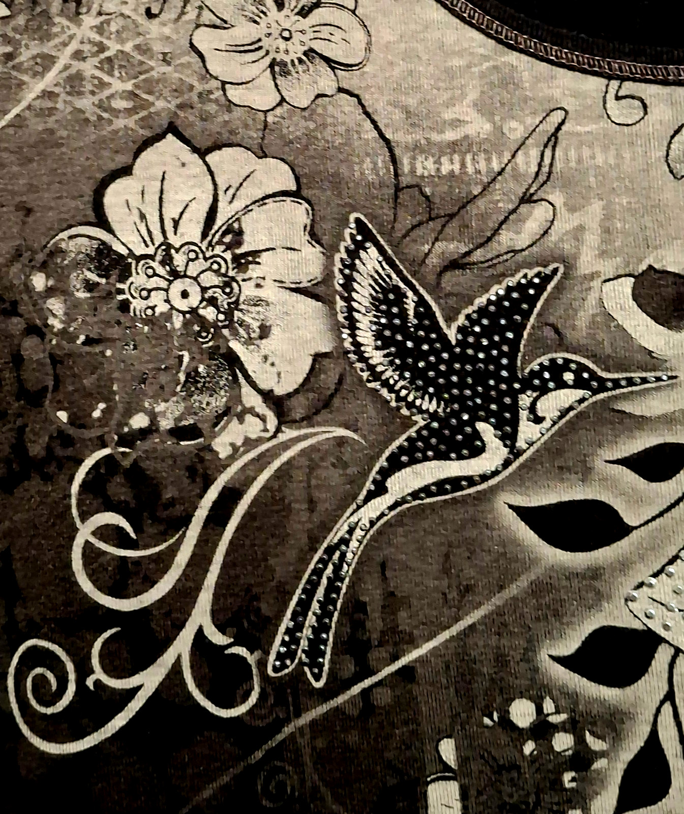 Dress Barn Woman 2X VTG Y2K Bling Floral Shirt Goth Fairy Grunge Tattoo Print