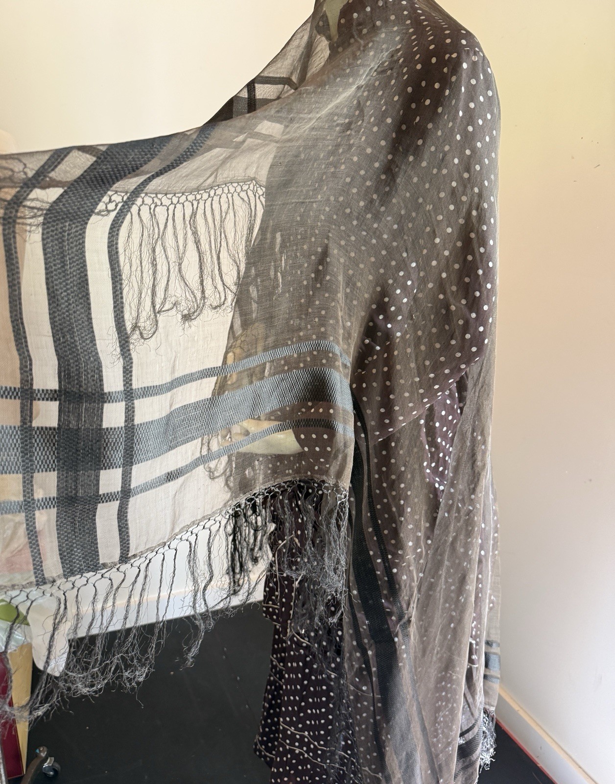 ANTIQUE 1860 CIVIL WAR ERA SHEER SILK FRINGED SHAWL WITH RIBBON WEAVE DETAIL