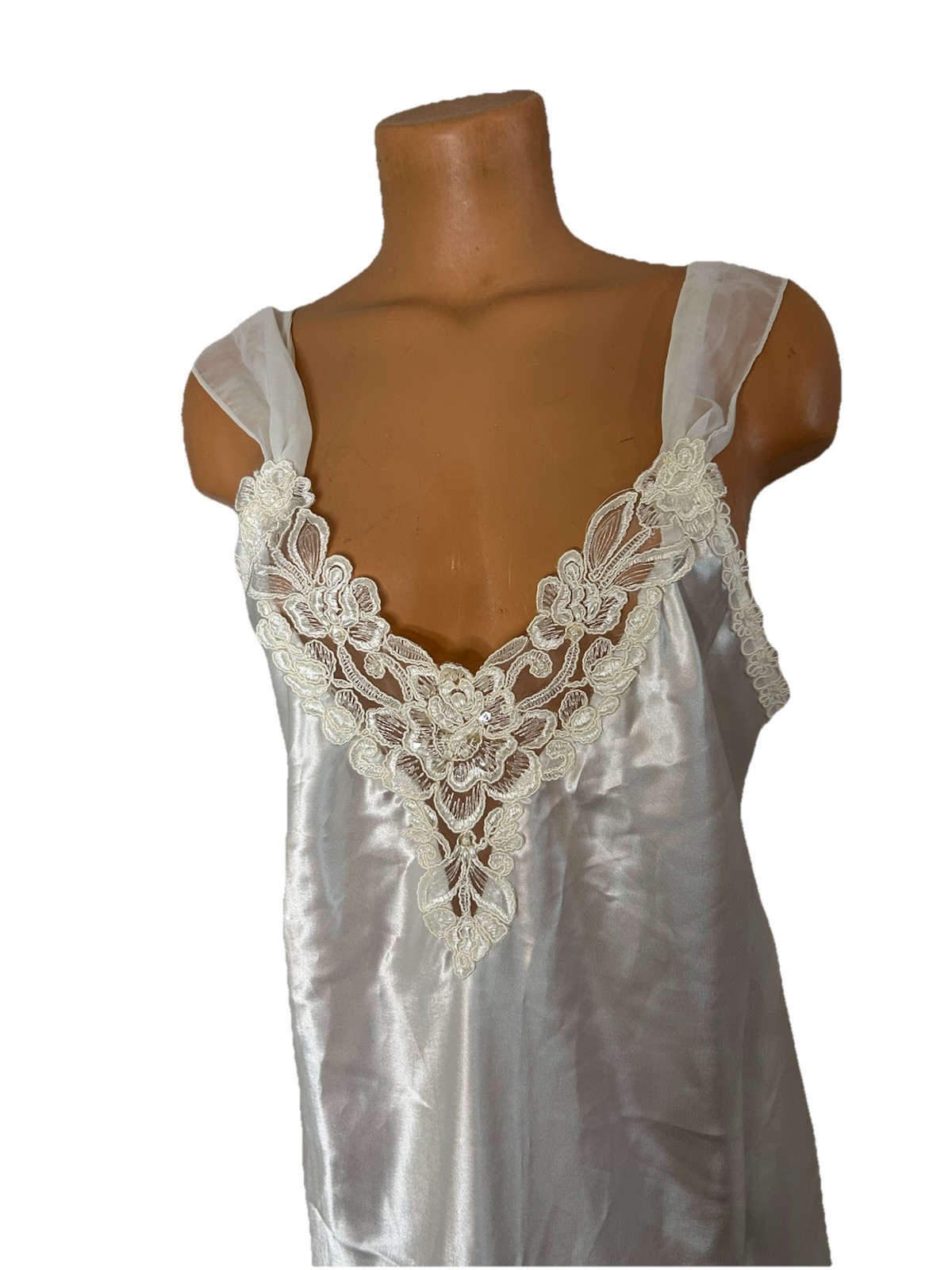 Vtg 90s 2 pc Dentelle White Satin Chiffon Lace Pearls Bridal Nightgown Sz L