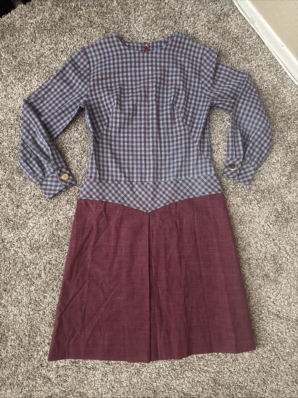 Vintage 1960s Drop Waist Gingham Purple Burgundy Blue Long Sleeve Pleated Dress