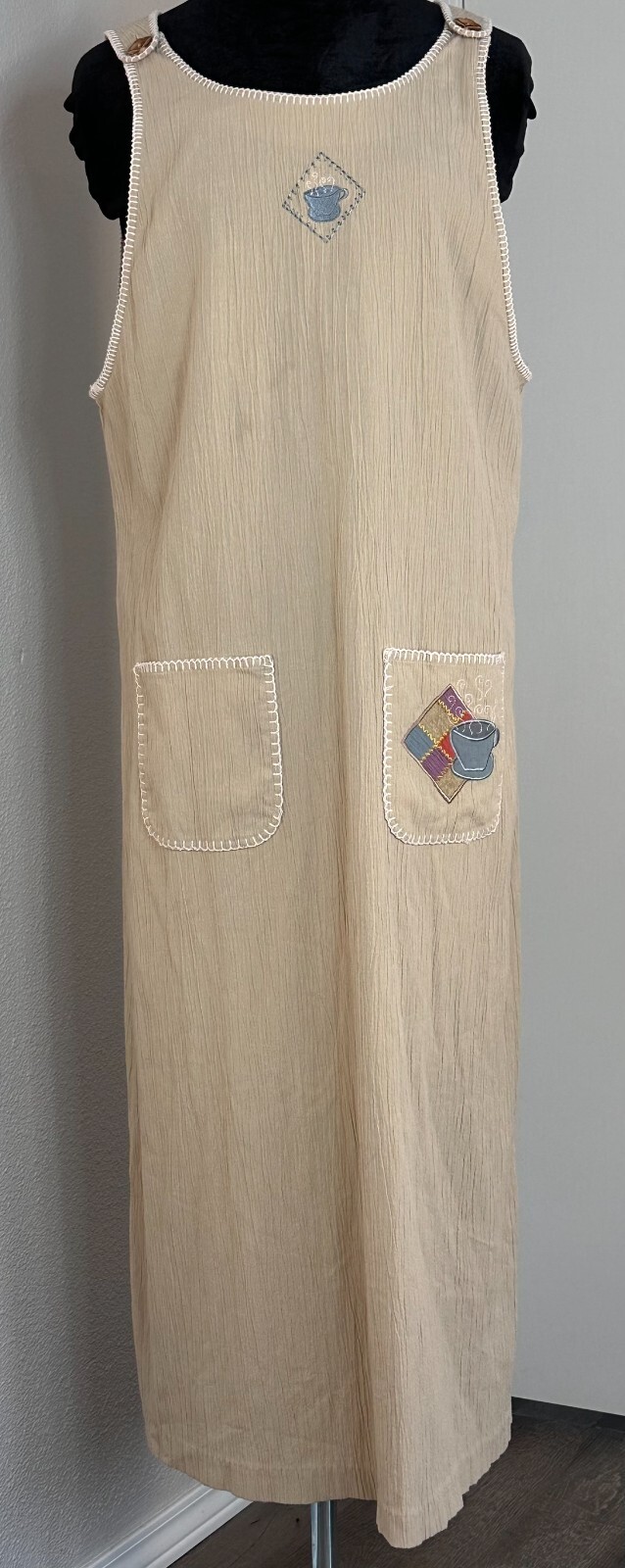 Vintage Teddi Beige Sleeveless Maxi Dress w/ Embroidered Accents – Size L