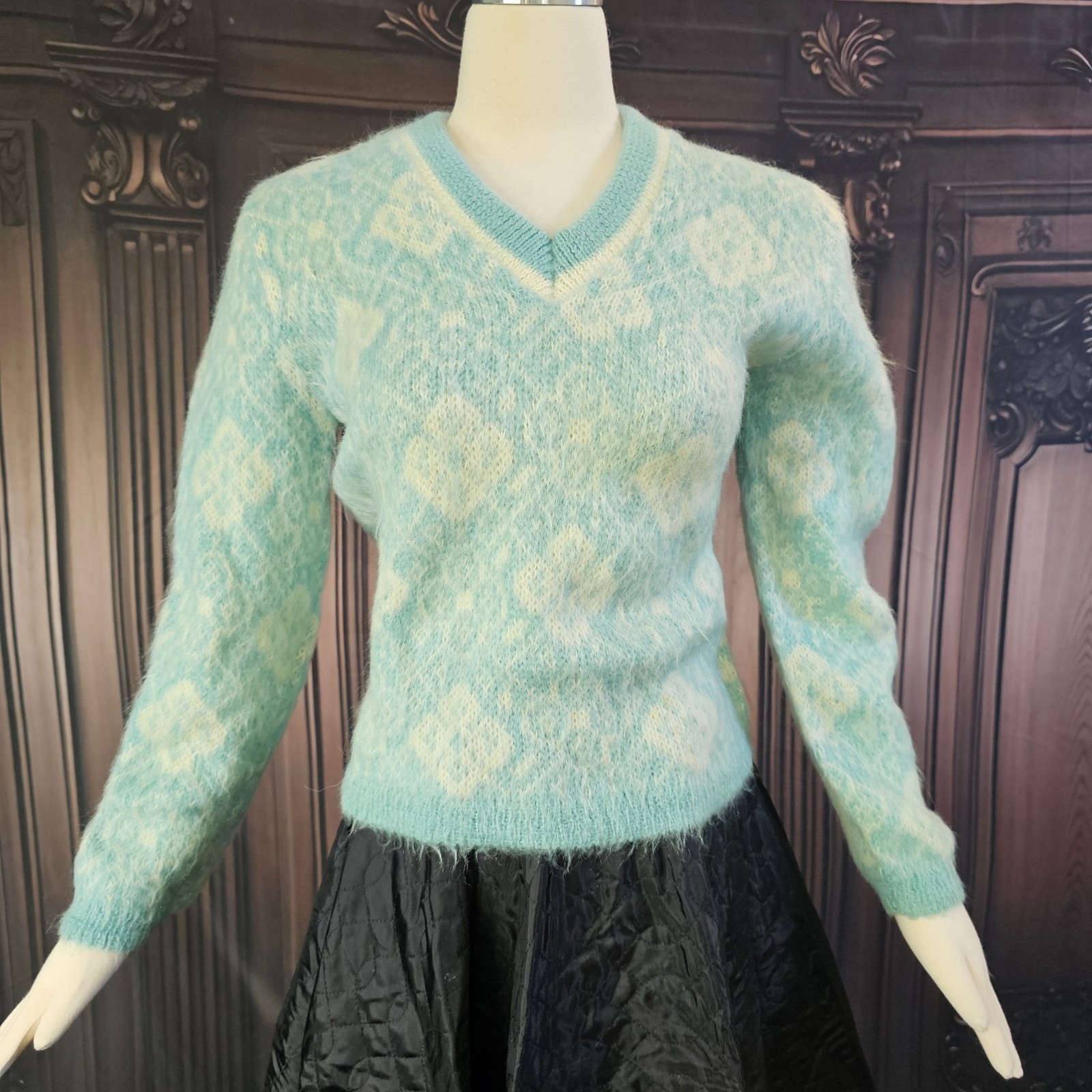Vintage 1960s Icey Blue Mohair Sweater Wool Fuzzy V neck Rare Collectors Sabra