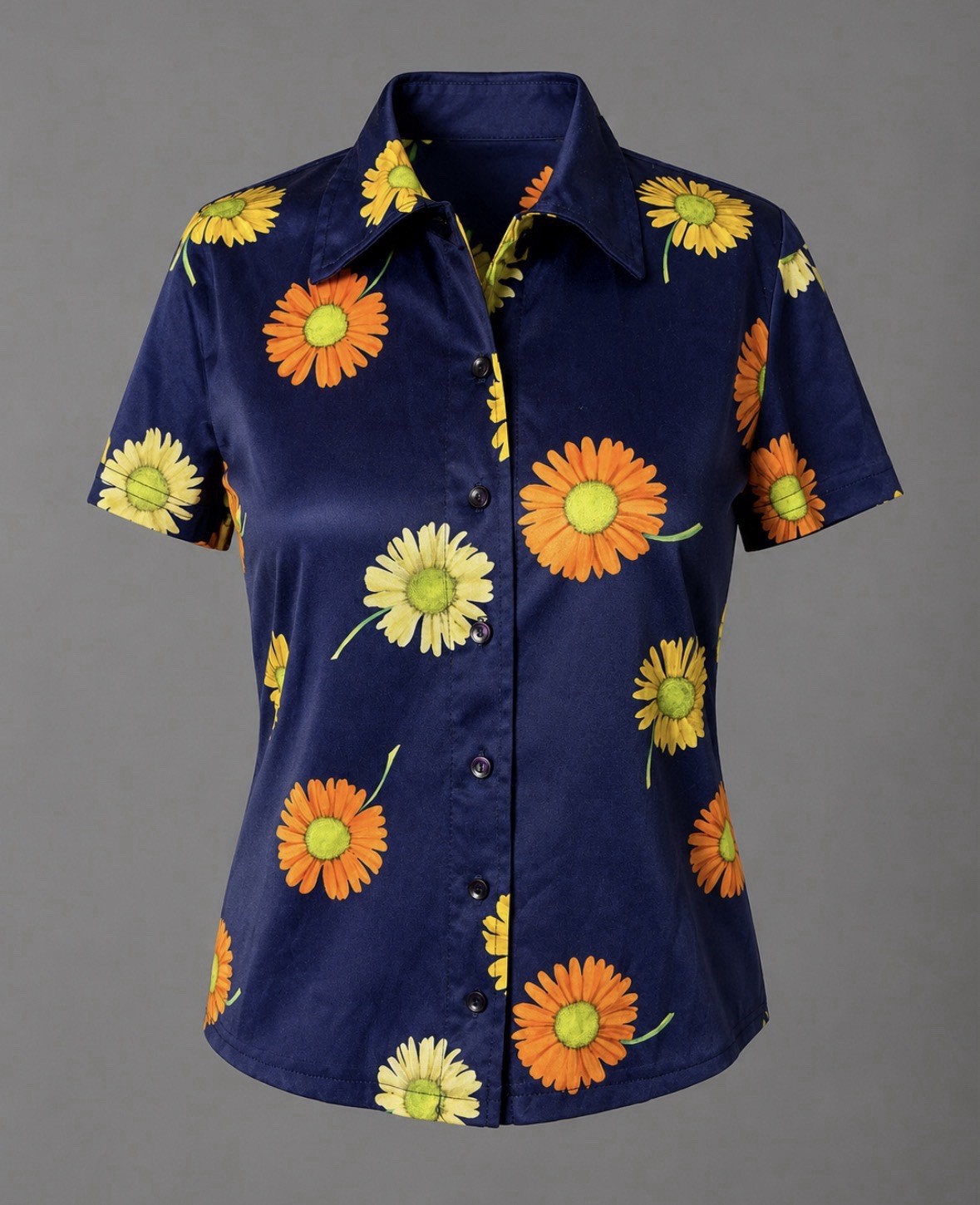 Vintage 90s Does 70s Womens S Short Sleeve Daisy Flower Print Polyester Top
