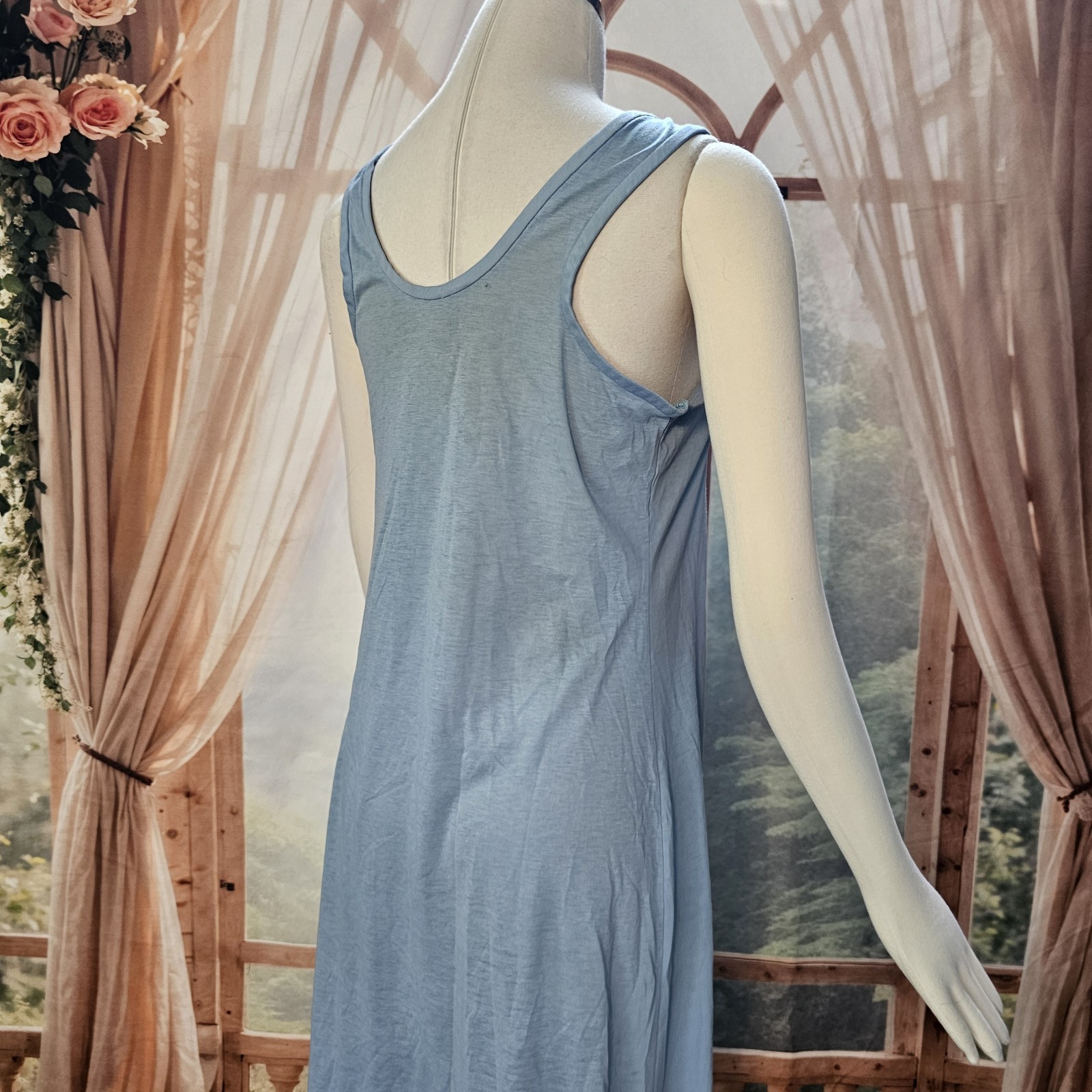 Vintage 1970s Dress Maxi Floor Length Baby Blue Floral Bee Patch Sleeveless Tank