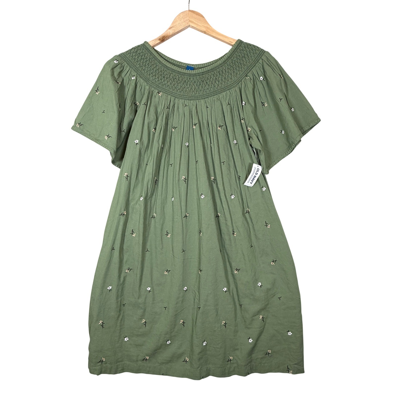 New Old Navy Tunic Dress Large Green Smocked Floral Embroidered Short Sleeve