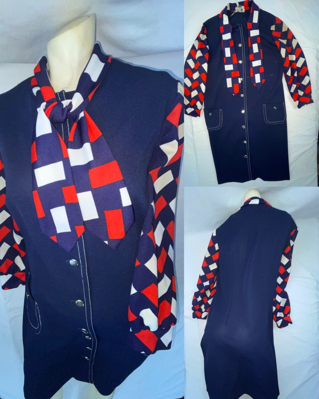 VTG 60S 70S WOMENS M BLUE RED WHITE DISCO MOD RETRO GOGO LONG SLEEVE SCARF DRESS