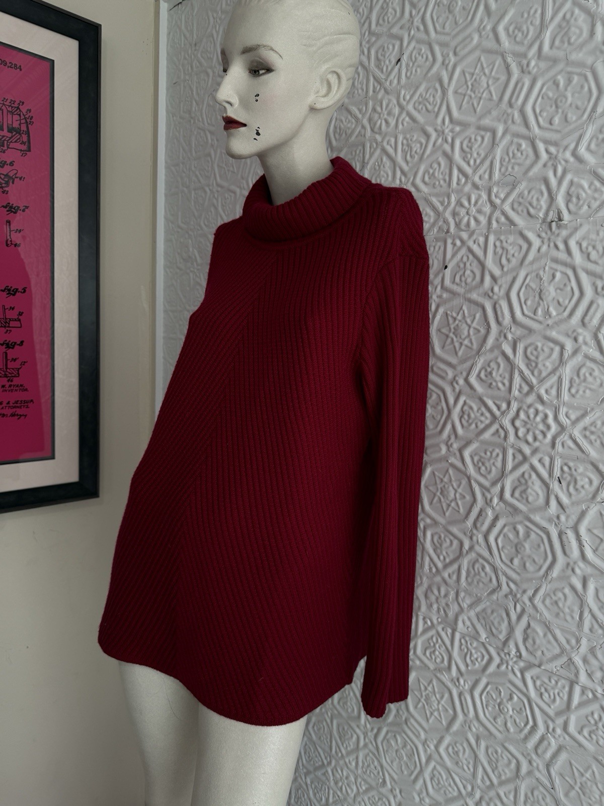 Eileen Fisher red pullover chevron knit sweater dress tunic oversized Small