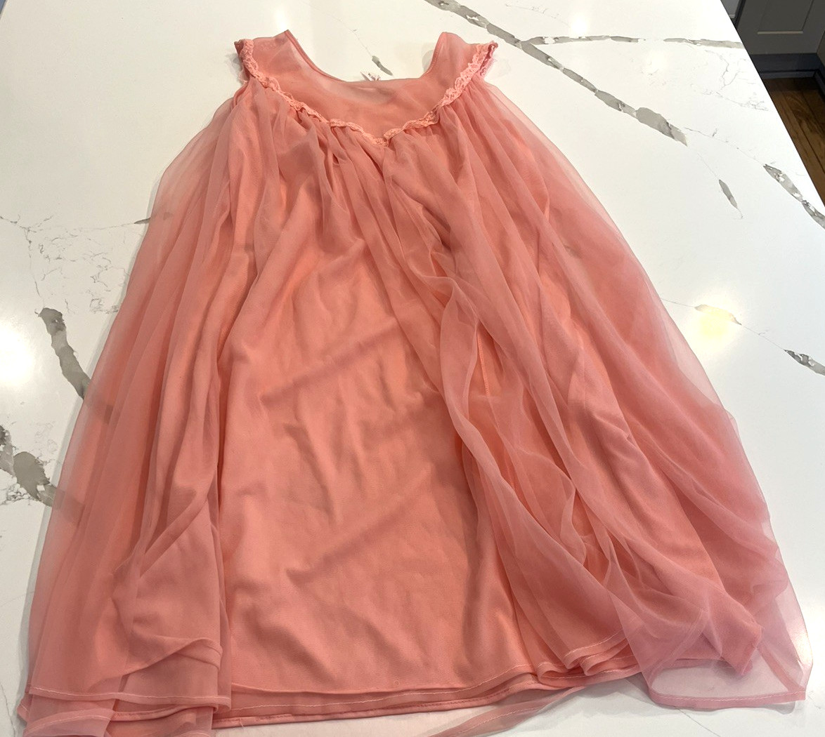 Vintage Coral Orange Nylon Lace Lined Nightgown Slip Dress Size Med Union Made