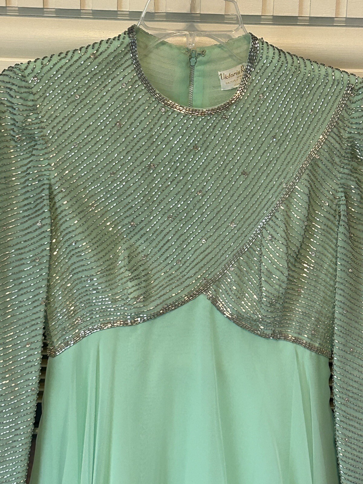 VTG 1960s Victoria Royal Ltd Gown Sz 6 Seafoam Green Beaded Rhinestones Lined