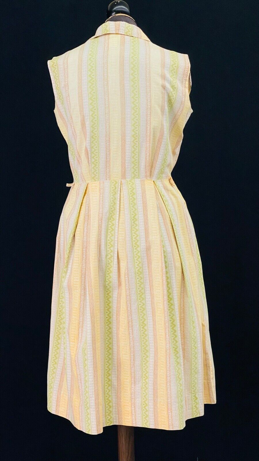 Vintage 1950s yellow green sleeveless dress, asymmetric shirt collar cotton L XL