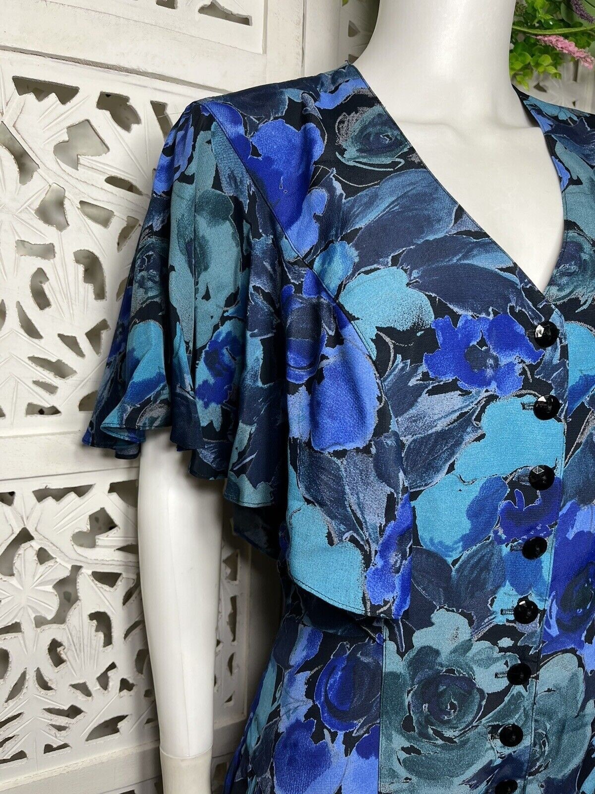 Vintage Barbara Barbara Women’s Floral Blue Ruffle Secretary Dress Size 8
