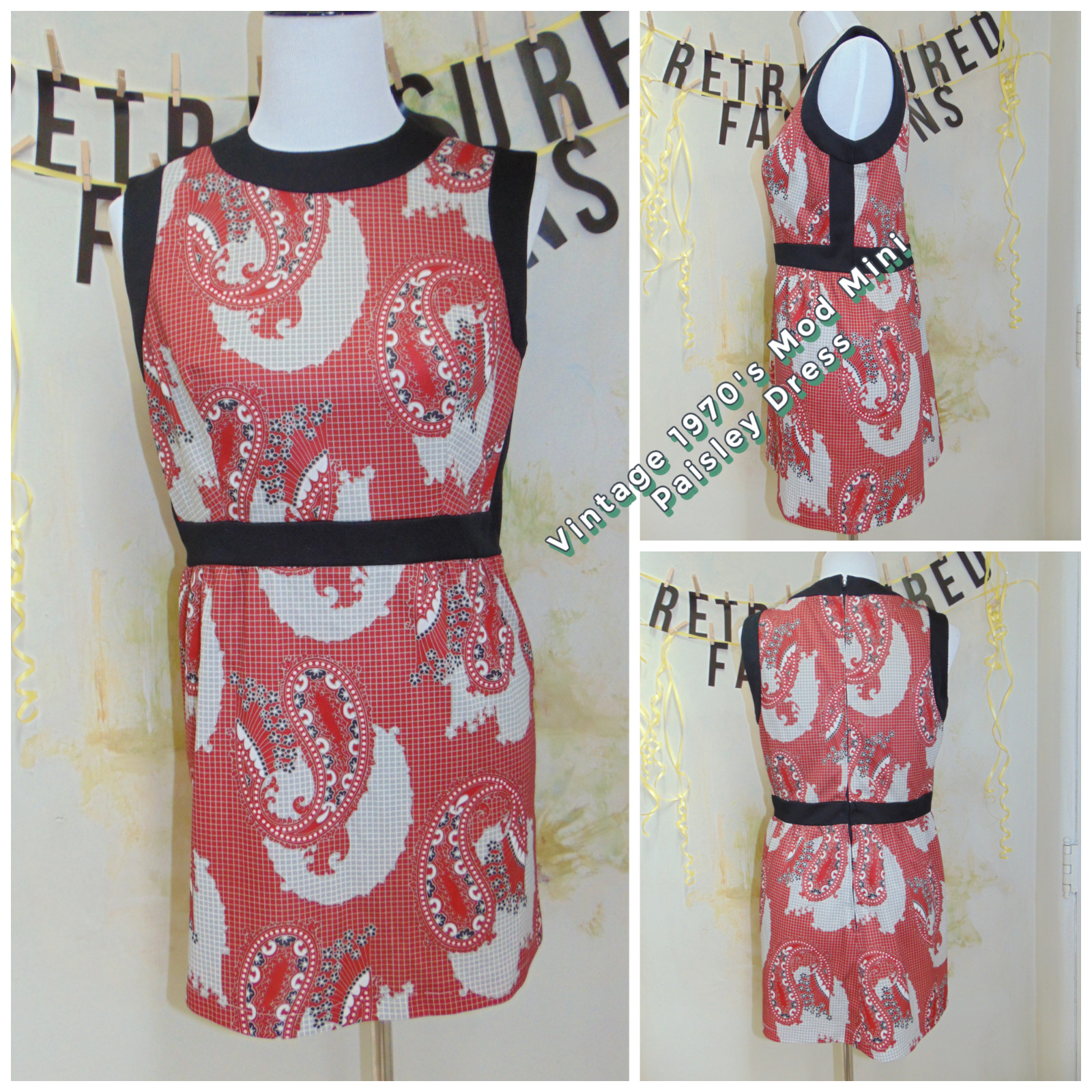 Vintage 1970’s Alyson Ayres Red Gray Black White Paisley MOD Mini Go Go Dress ML