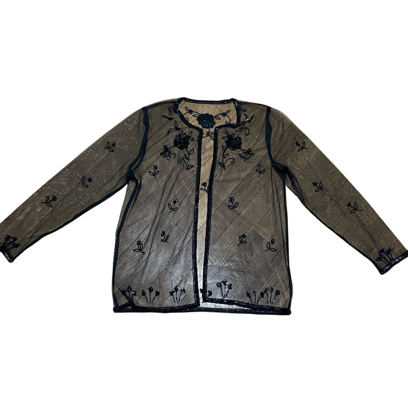 Vintage Black Sheer Mesh Beaded Floral Cardigan Sequin Open Front Shrug Top