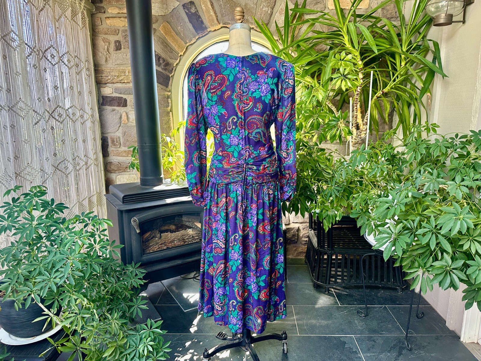 Vintage 1980s Purple Green and Red Paisley Rayon Dress Expo