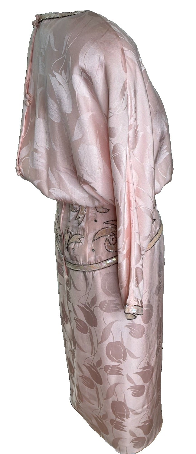 Vintage Oleg Cassini Pink Silk Beaded Cocktail Dress Tulip Jacquard Size 6