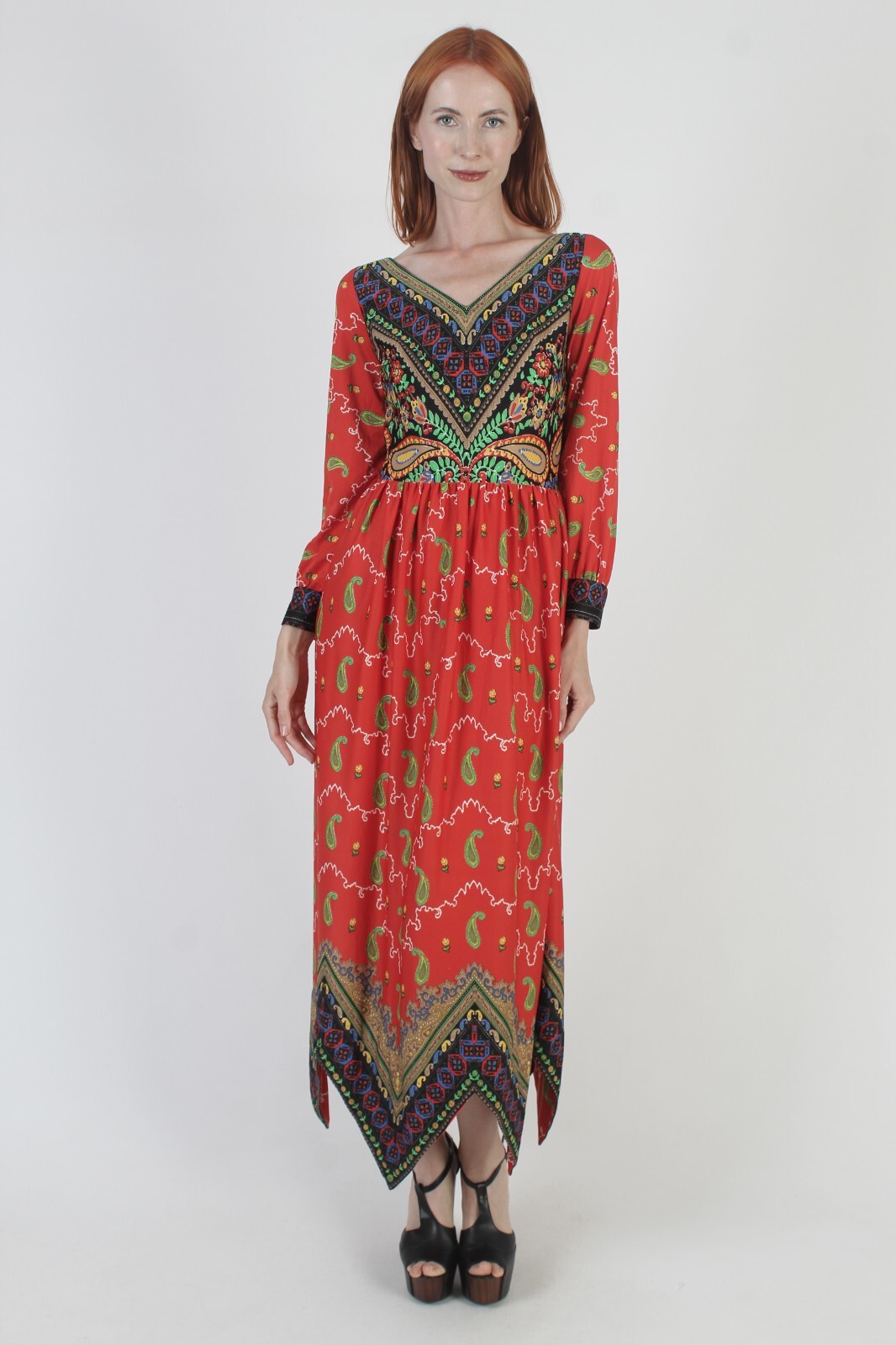 Vtg Colorful Asym Hanky Hem Dress High Low Handkerchief Tapestry Cocktail Party