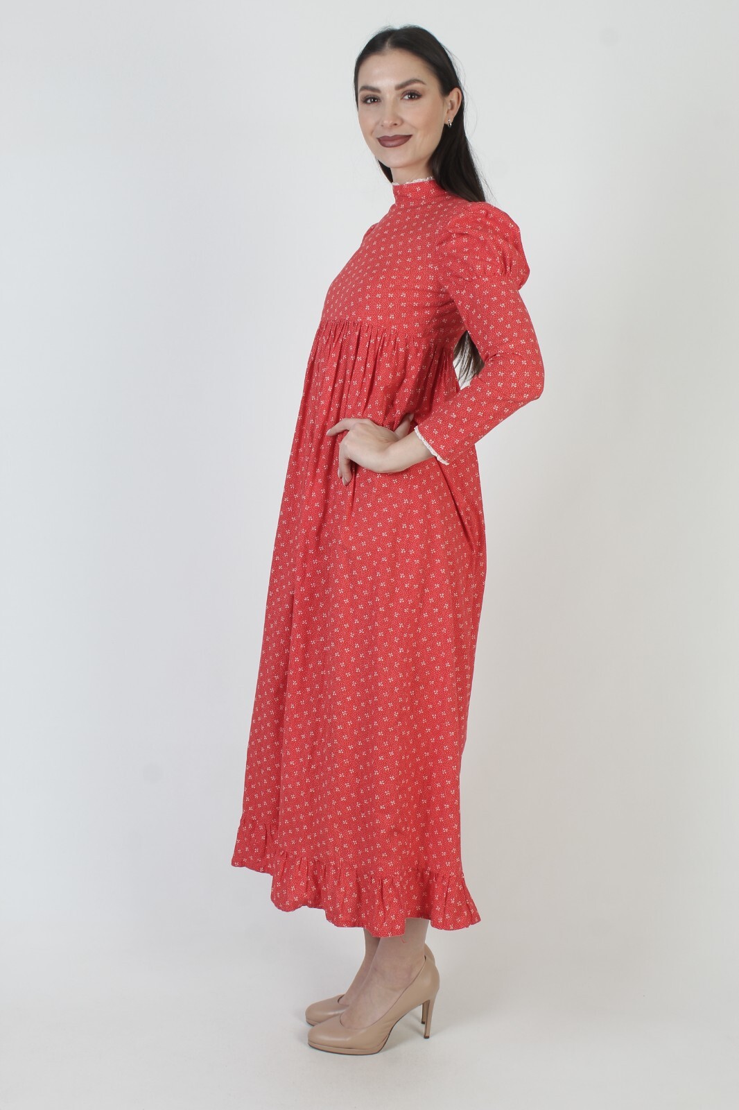 Vintage Red Floral Prairie Dress High Neck Old Fashion Hippie Boho Wedding Maxi