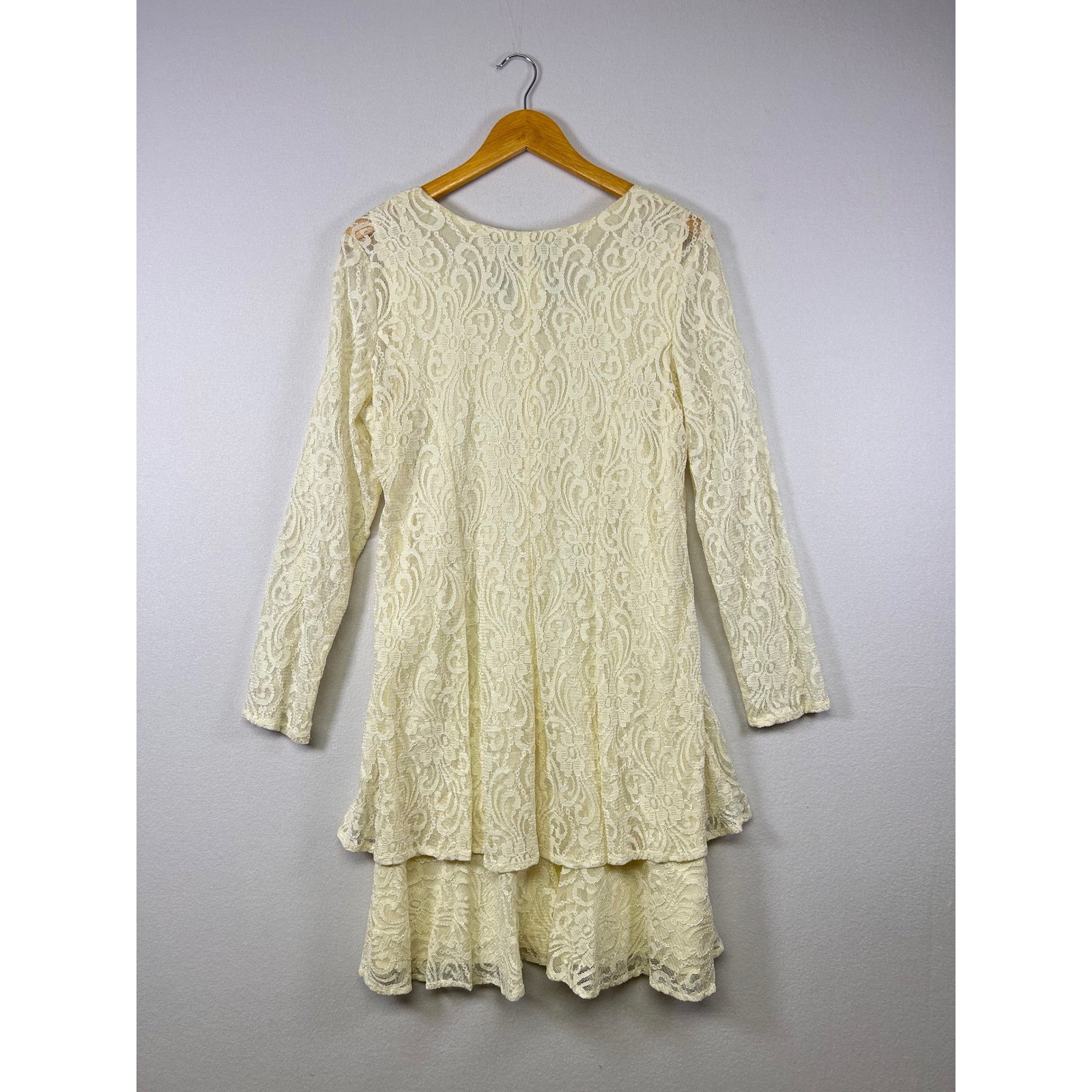 All That Jazz Lace Dress Women 13/14 Cream Ivory Vintage Tiered Long Sleeve
