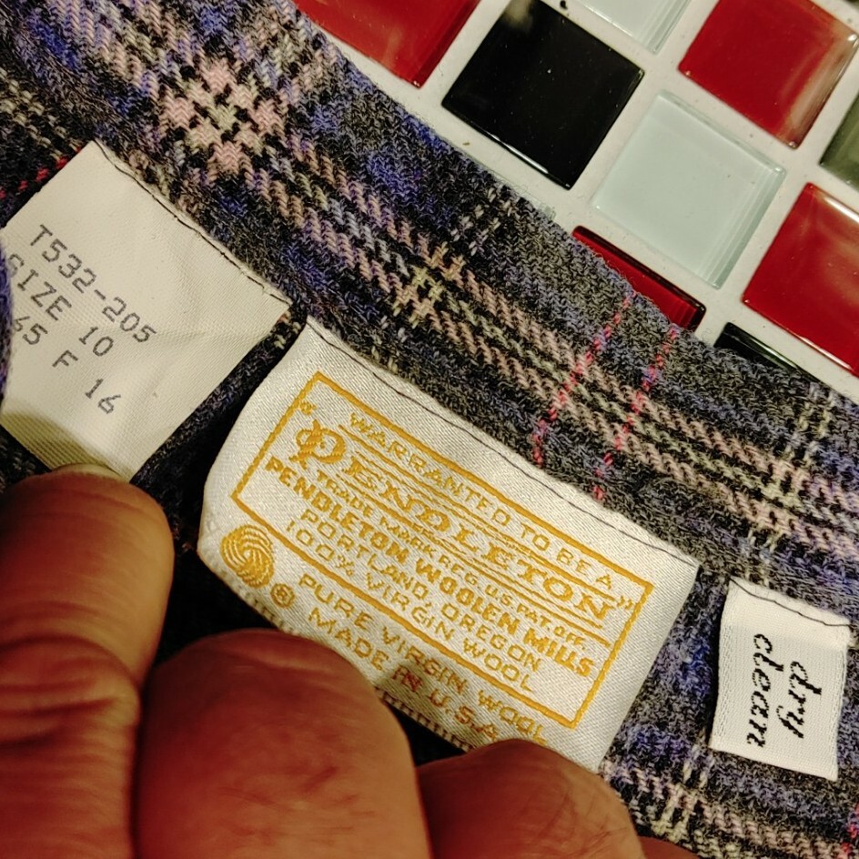 VTG 70’s Women’s PENDLETON ~ Sz 10 ~ Wool Plaid Check GREY BLUE PINK Scarf SKIRT