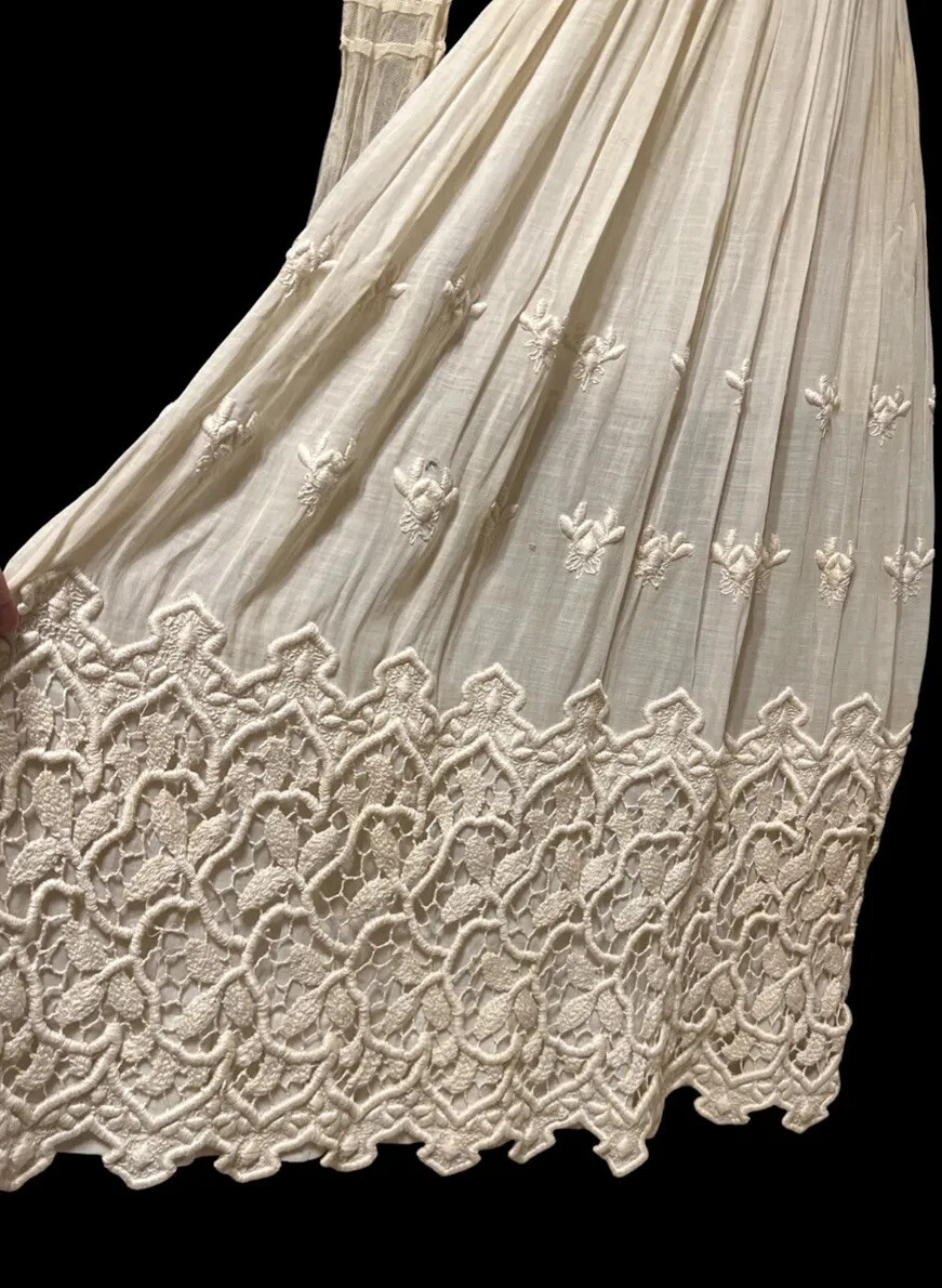 Antique Edwardian Tulle Crochet Formal 2piece Dress Vest Cotton Voile Skirt 1900