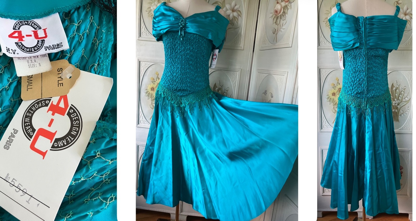 VTG NEW NWT 80s 4-U USA AQUA TURQUOISE BLUE PROM DRESS SATIN CREPE DROP WAIST S
