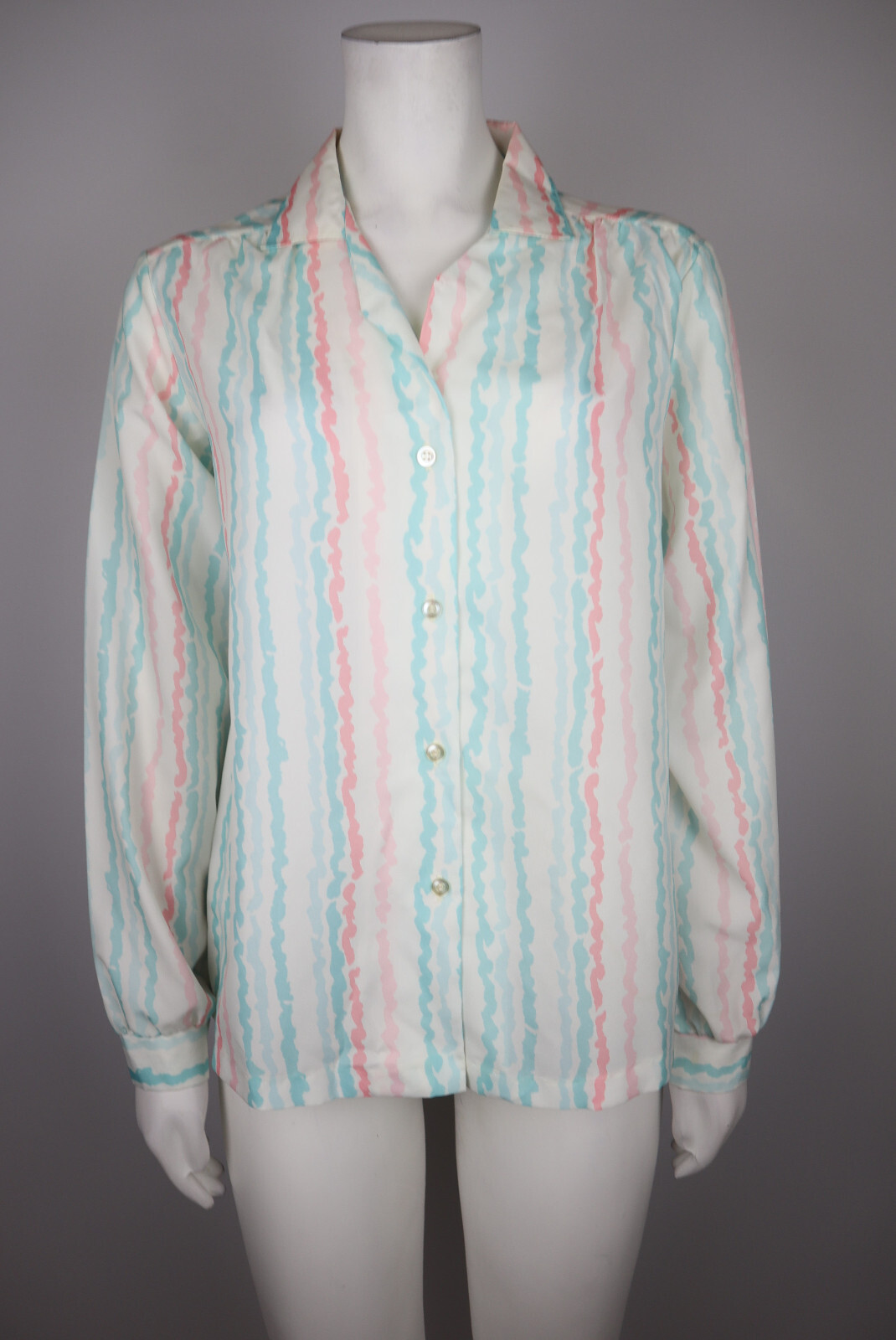 VINTAGE WOMEN’S WHITE BLUE PINK PRINT LONG SLEEVE BLOUSE – ALICIA – SIZE 10