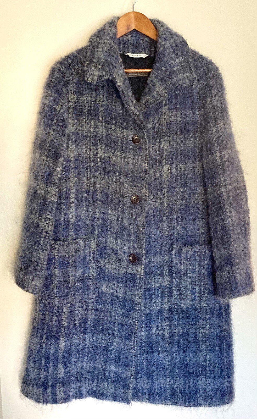 Vintage Mark Shale Women’s Blue Bouclé Wool Blend Long Coat Size 12 Italy