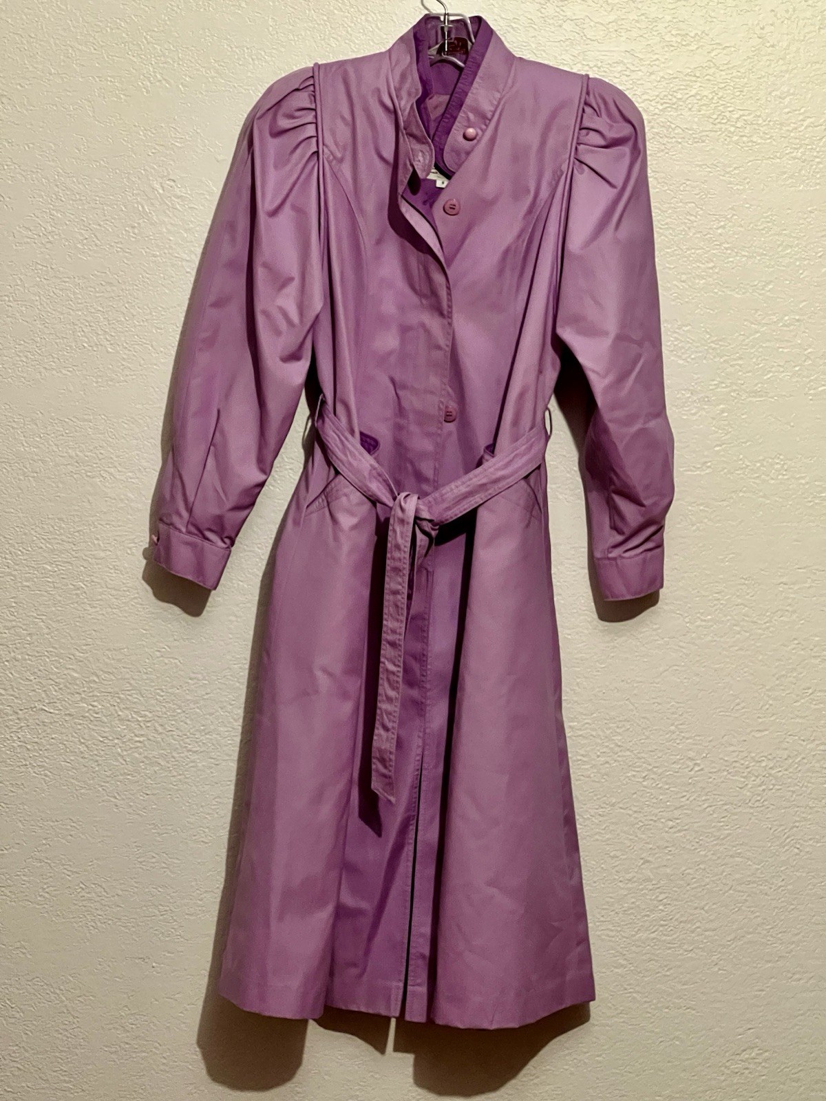 Vtg Purple Trench coat Belted Women’s Puff Sleeve 80s Raincoat Retro Long Coat S