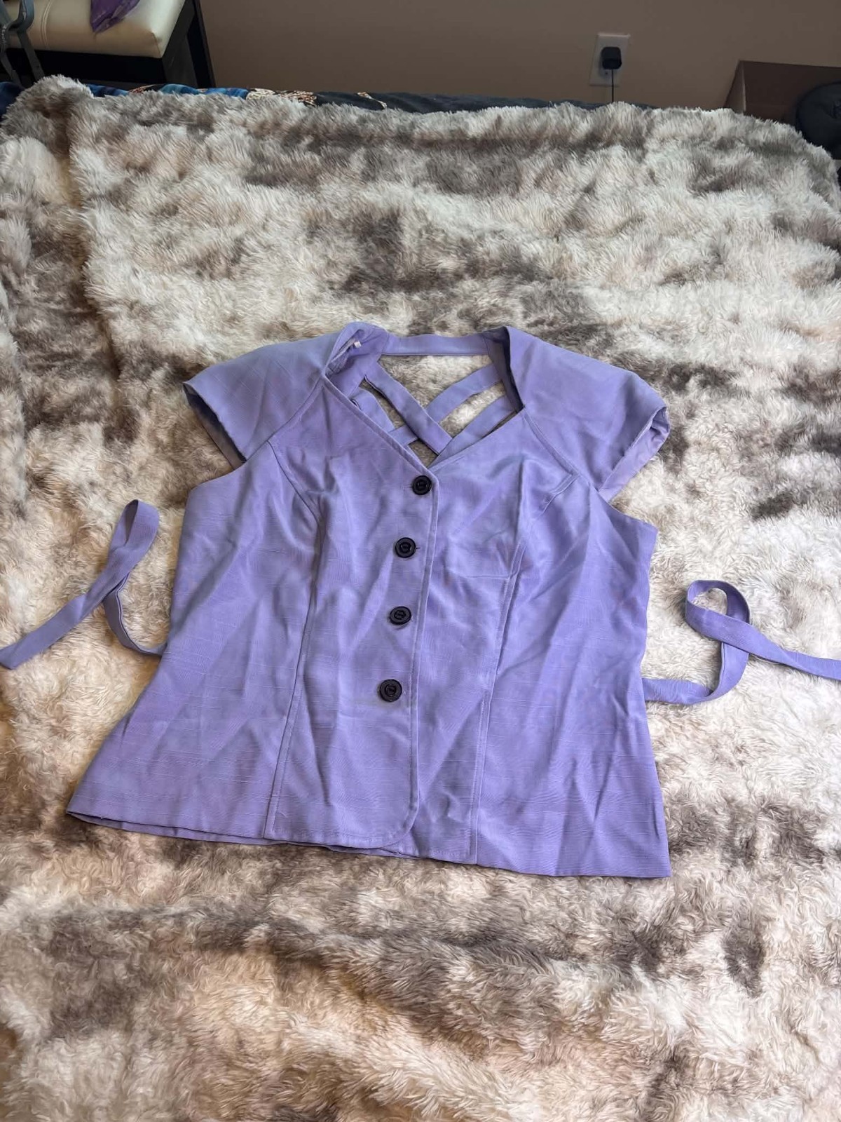 Vintage 90s Miss Scarlett Lavender Short Sleeve Blouse Size 12 Crisscross Tie…