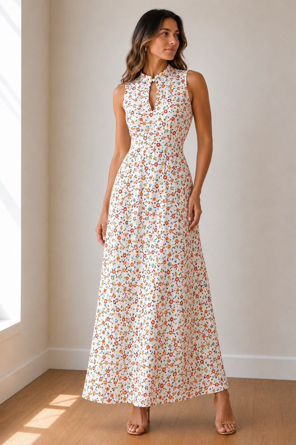 VTG 70s Gay Gibson Floral Maxi Dress Mock Neck Keyhole Sleeveless Cutout Small 9