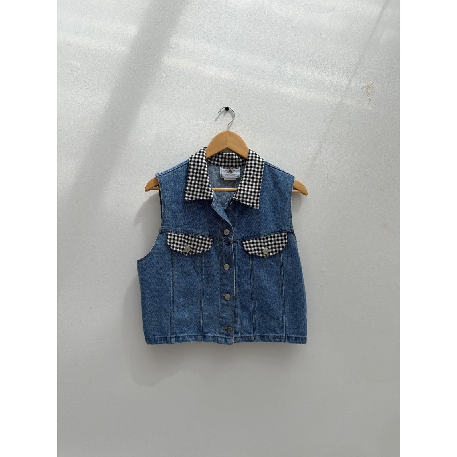 Vintage Denim Vest Gingham Collar Sleeveless Trucker Vest Large