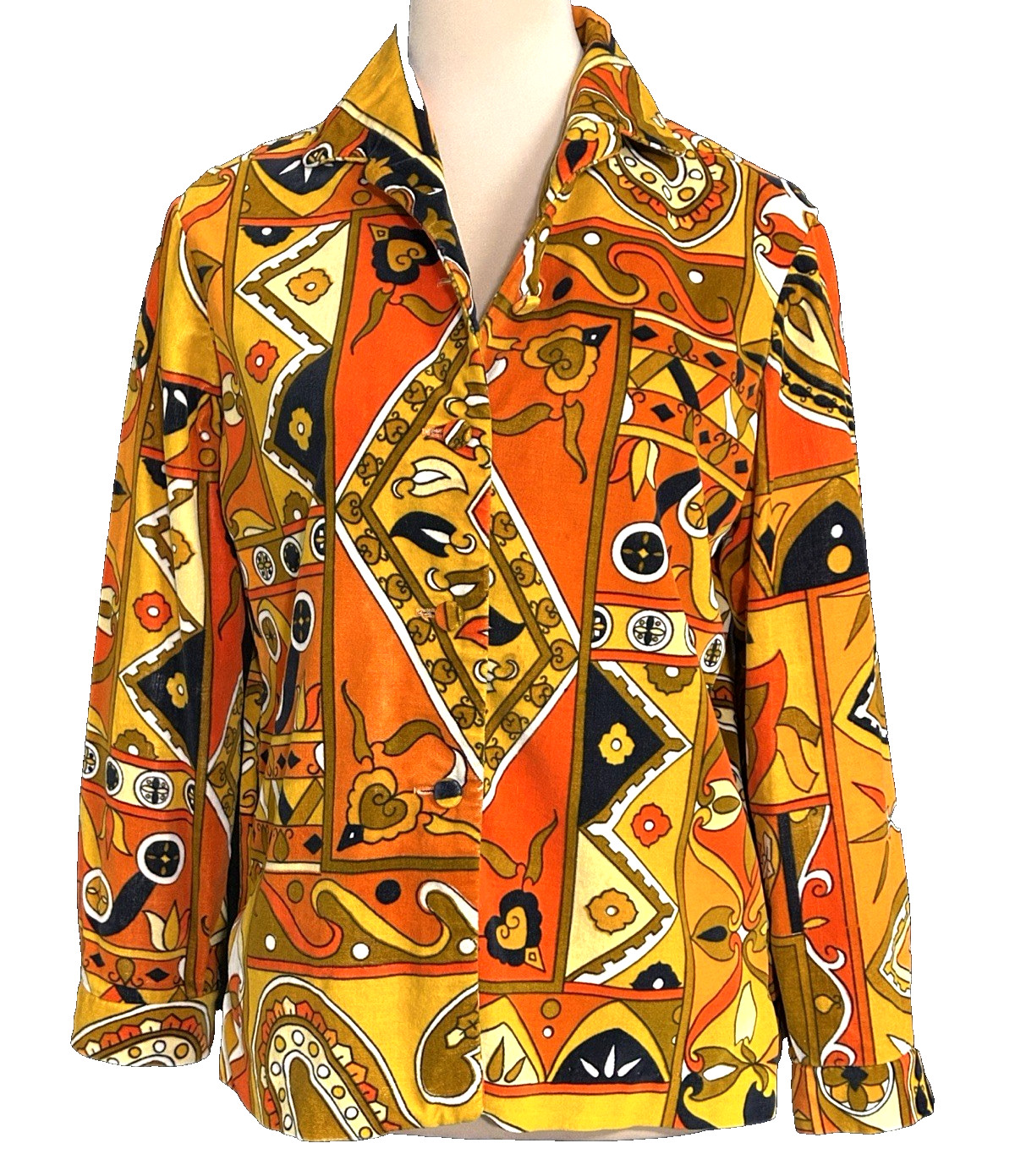Vintage 1970s Campus Shirt Velevteen Psychedelic Geometric Lined Button-Up USA