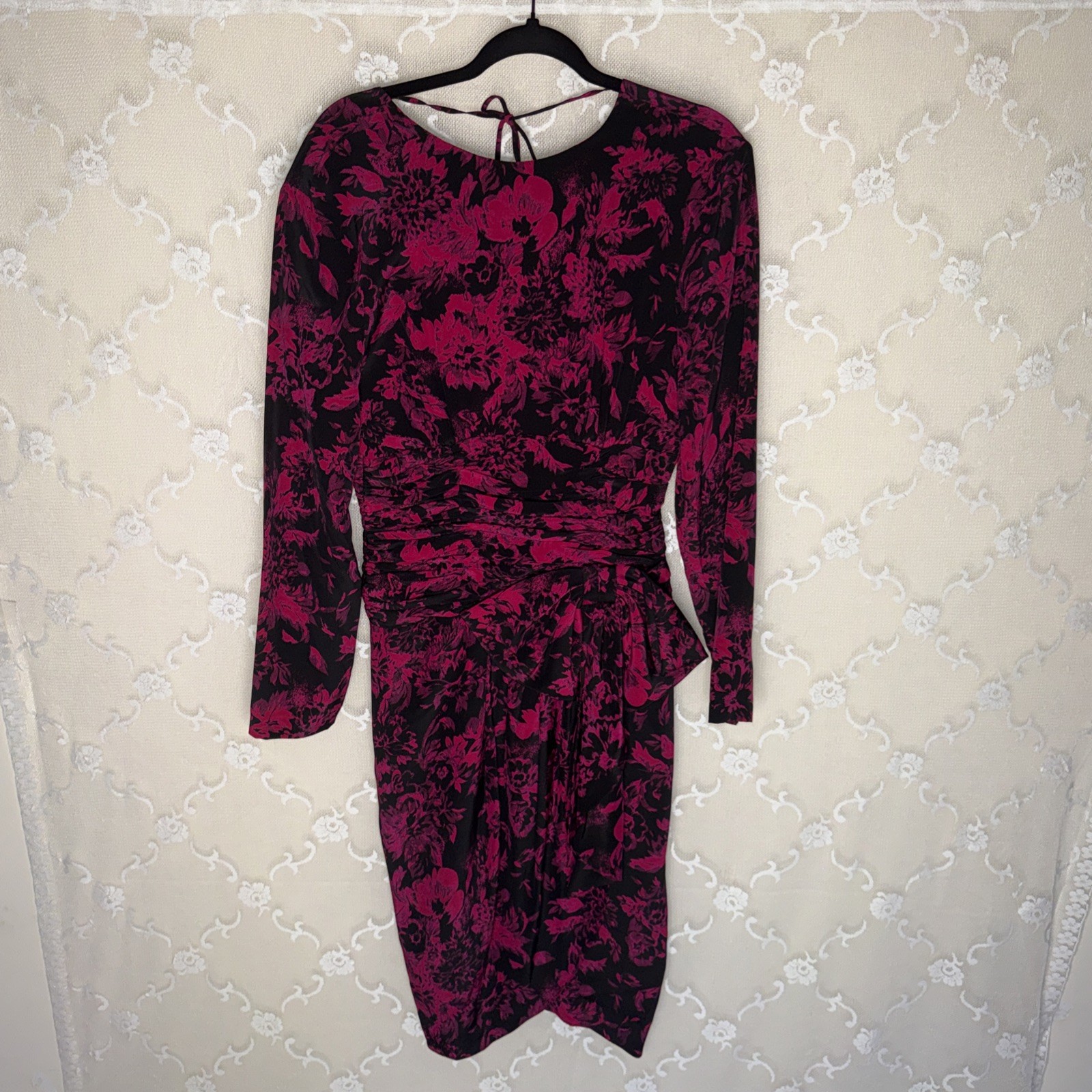 VTG Yves Cassette Magenta & Black Silk Bust Lined Cocktail Dress Sissy Bow SZ 10