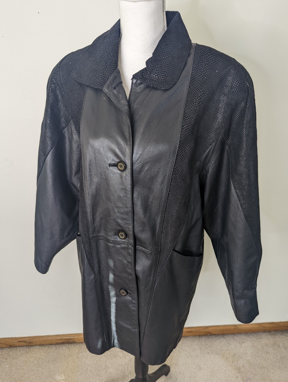 Vtg 80s Black Leather Leopard Patchwork Women’s Coat Jacket Sz M Relaxed 10/12