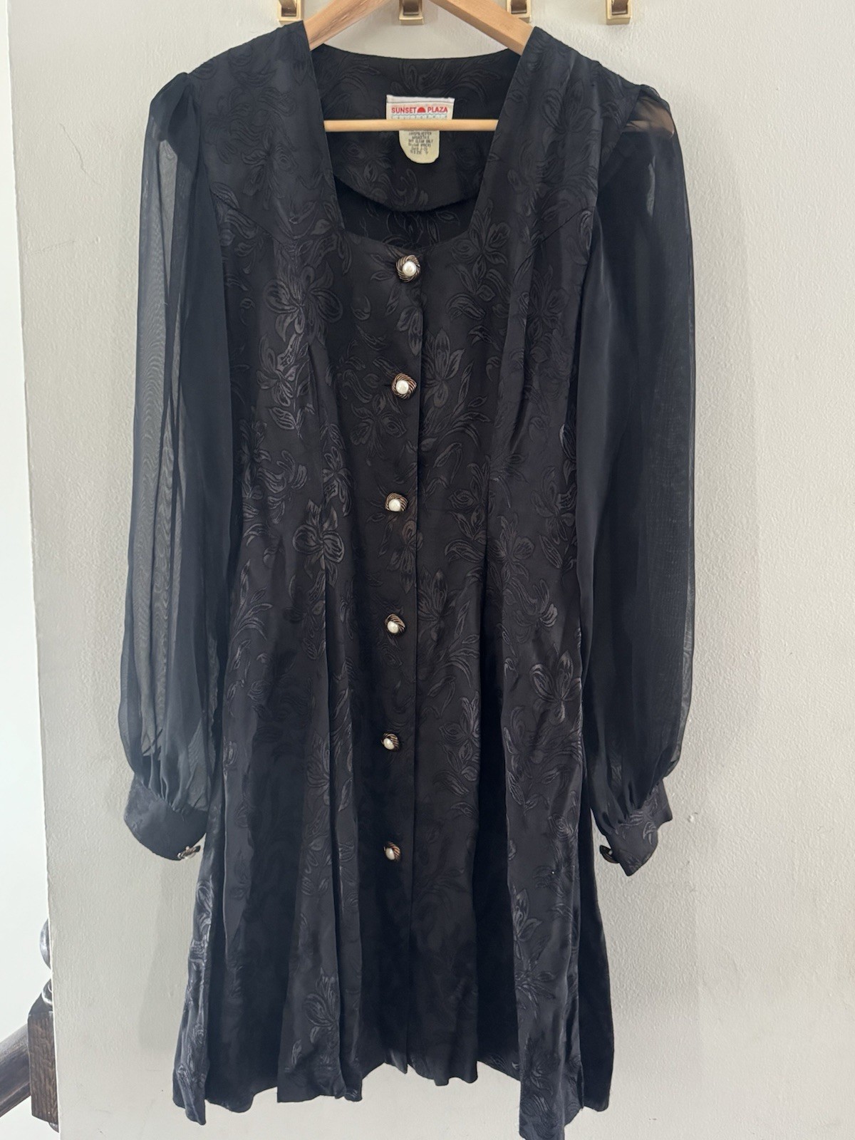 Vintage Sunset Plaza Jacquard Women’s Dress Sheer Sleeves Gold Accents Size 9