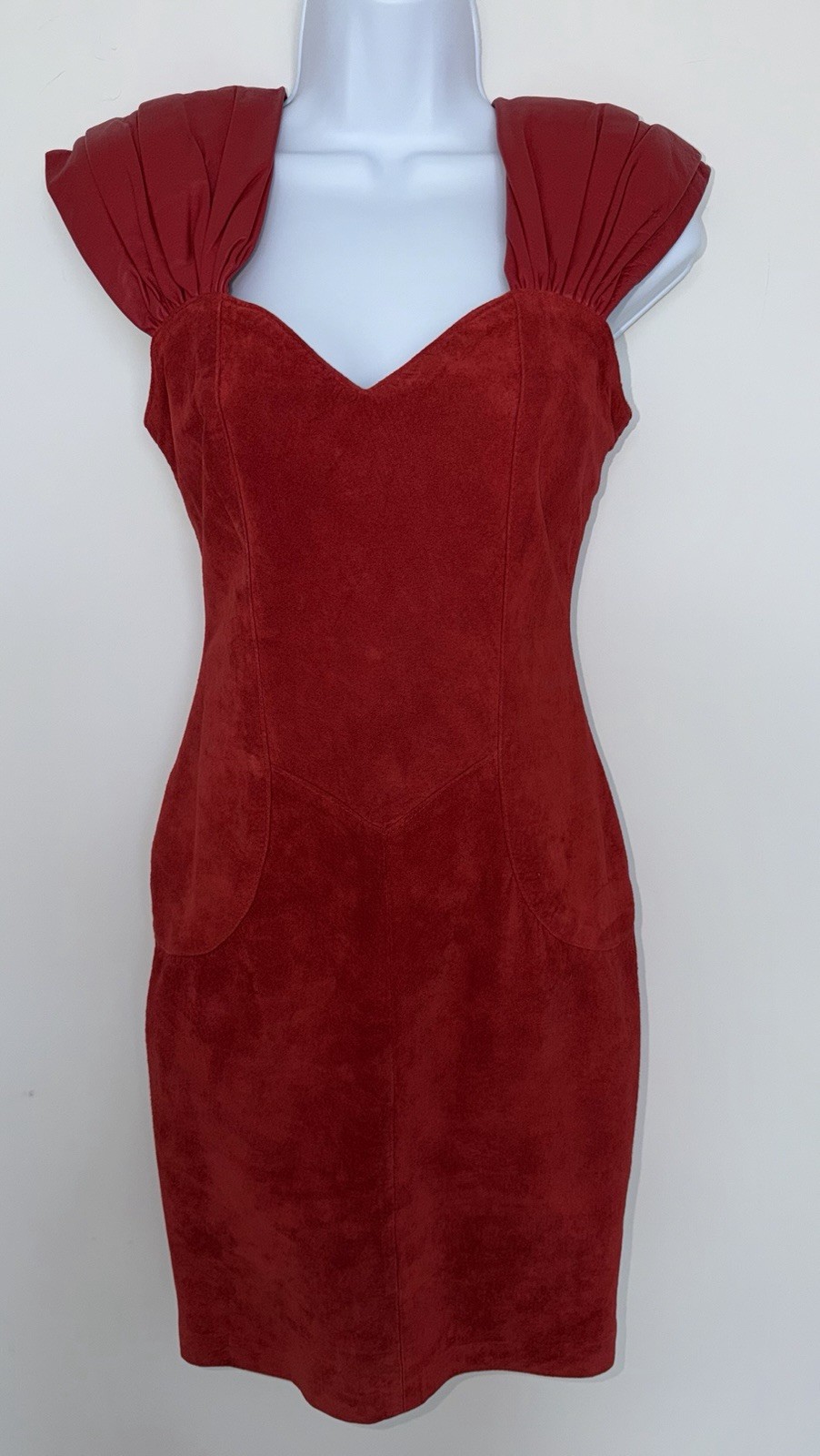 VTG 90’s Leather Ranch Red Mini Suede Cocktail Dress Padded Shoulders Sz 0 NWT