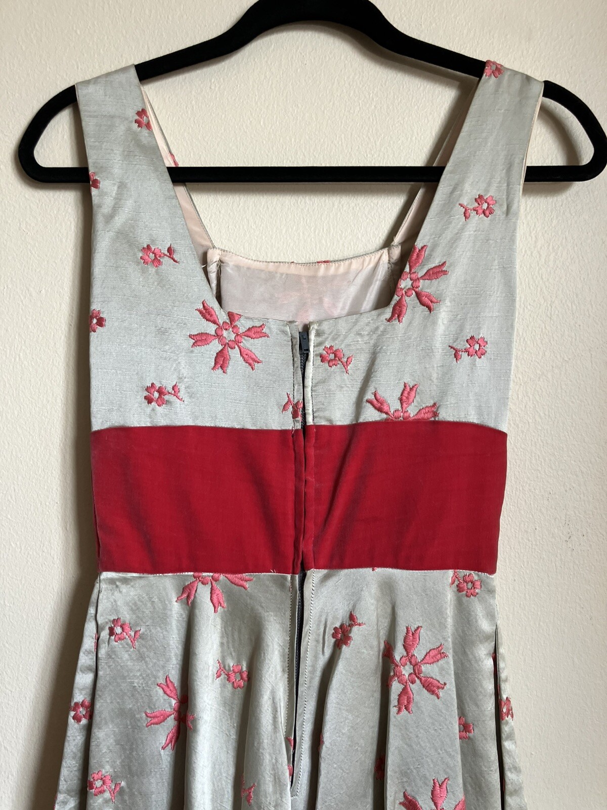 1950’s Party Dress Embroidered Celadon and Pink Vintage XS Fit and Flare $195