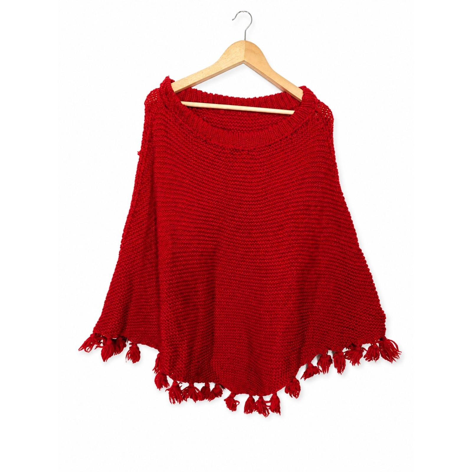 Vintage Handmade Red Tassel Knit Poncho Boho Oversized Fringe Cape Wrap OS