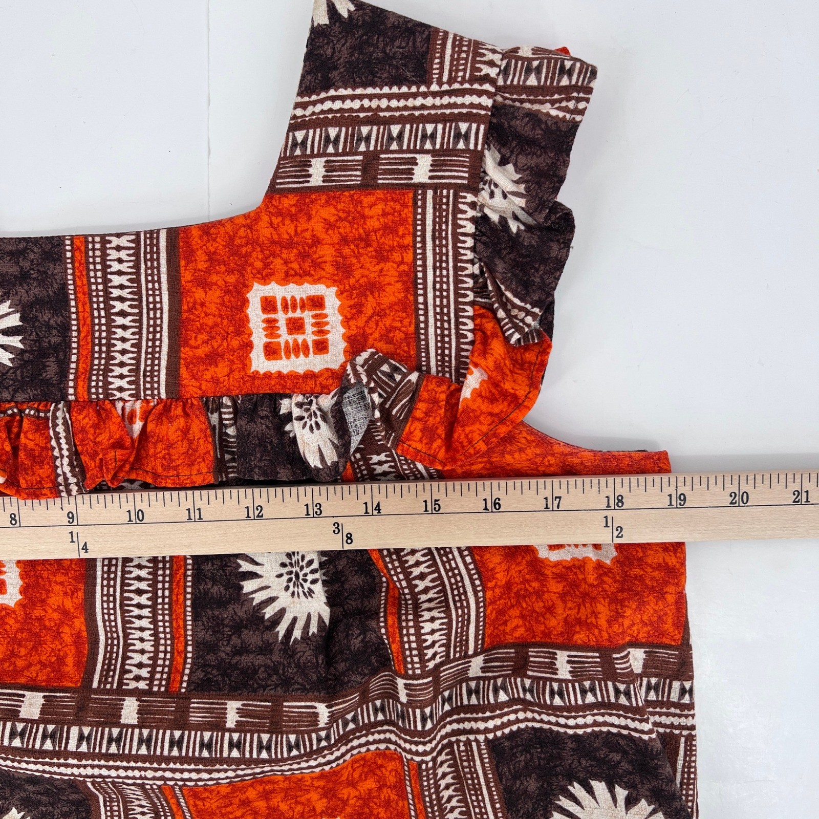 Vintage 1970s Tapa Designs Hawaiian Maxi Dress Ruffle Tapa Print tiki luau