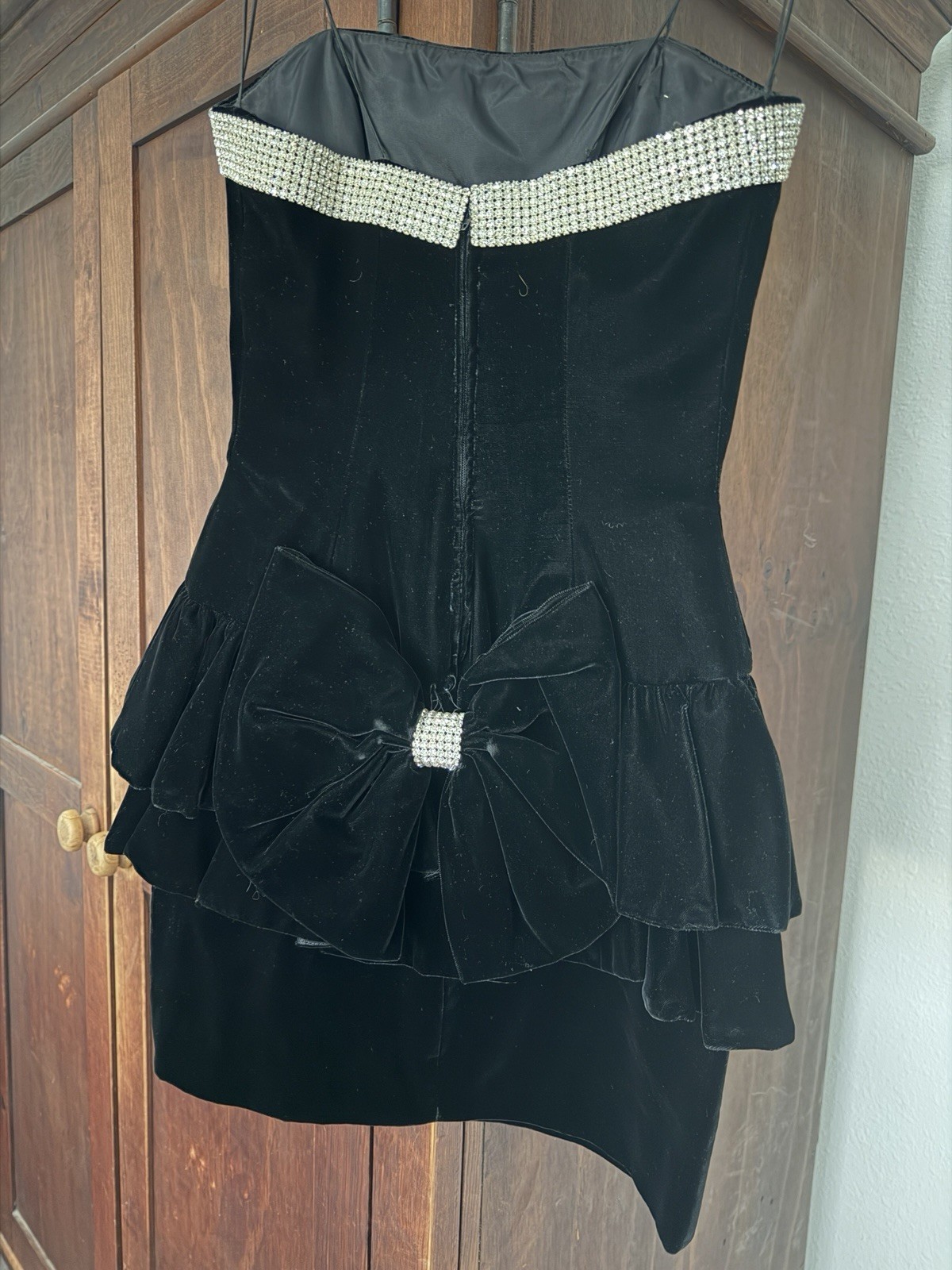 Women’s Vtg Strapless Black Velvet Dress Big Bow Rhinestones Size XS 80’s 90’s