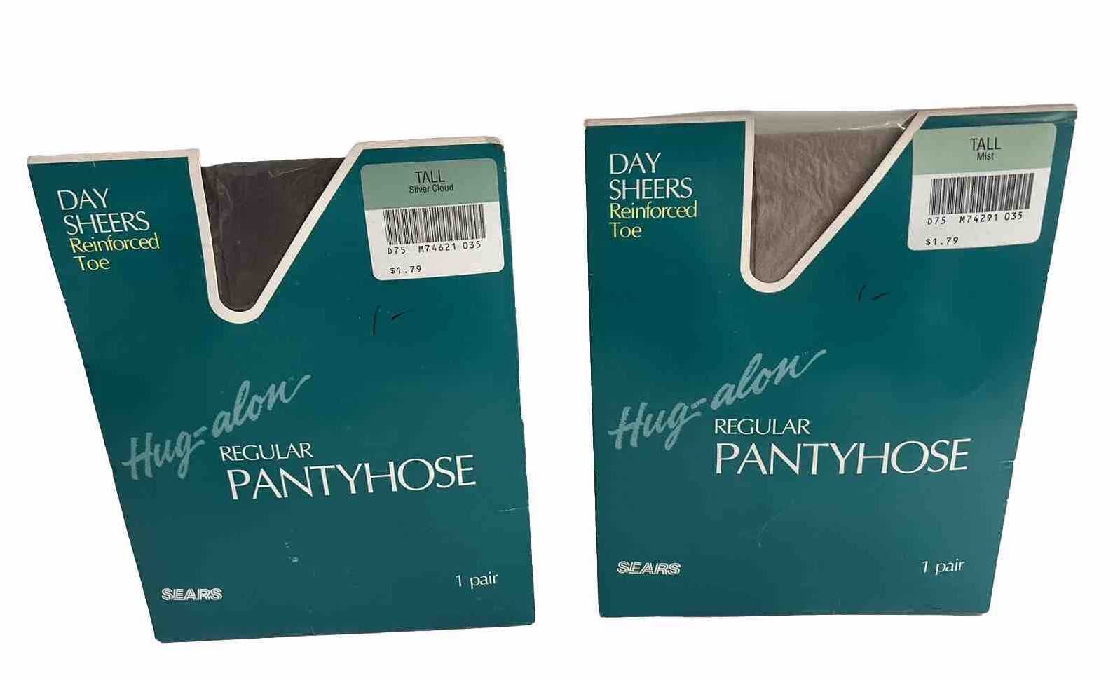 2 Vintage Sears pantyhose sandalfoot Hug-along regular Tall Silver Cloud Mist