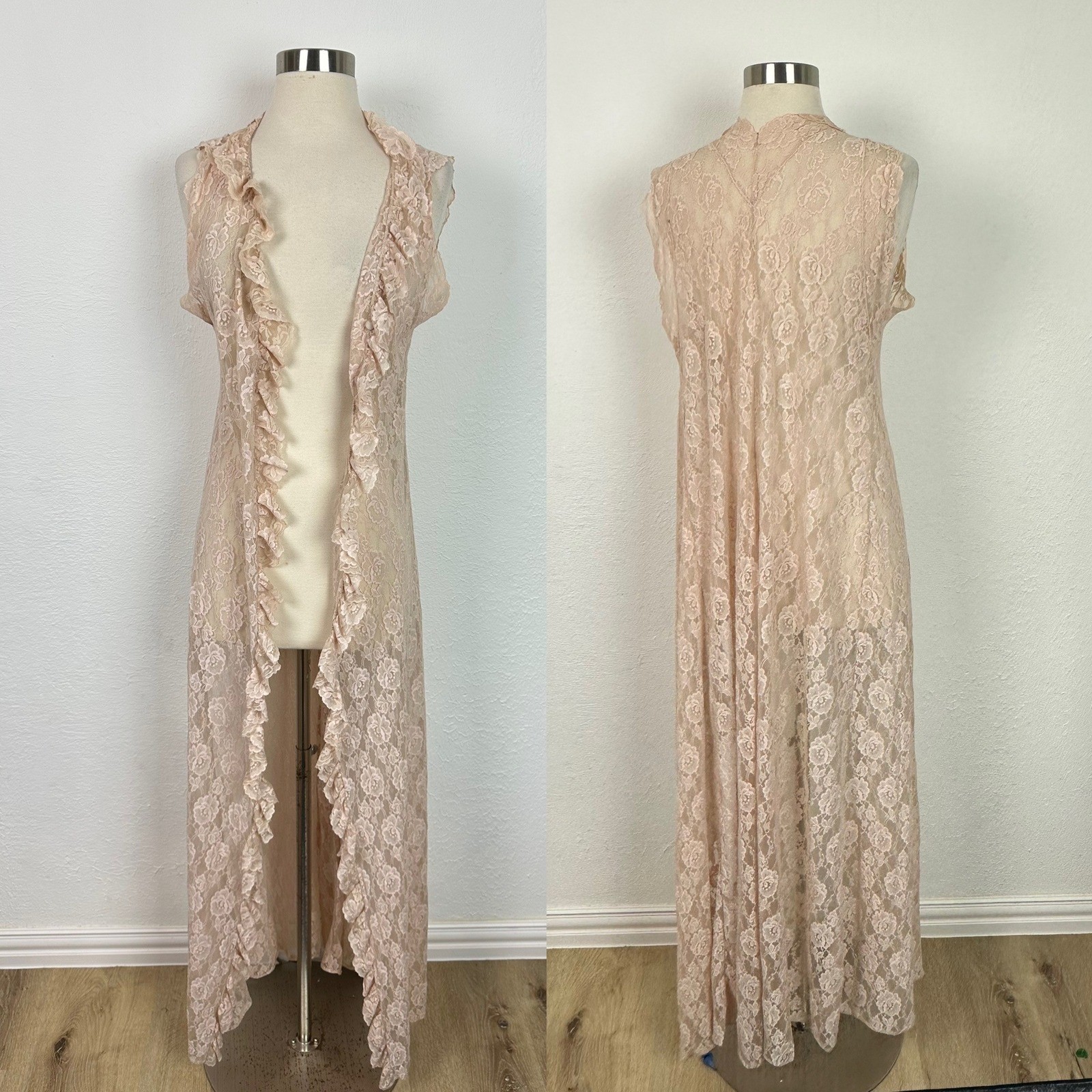 Vintage Back Street Pink Sheer Floral Lace Ruffle Maxi Duster Vest Medium